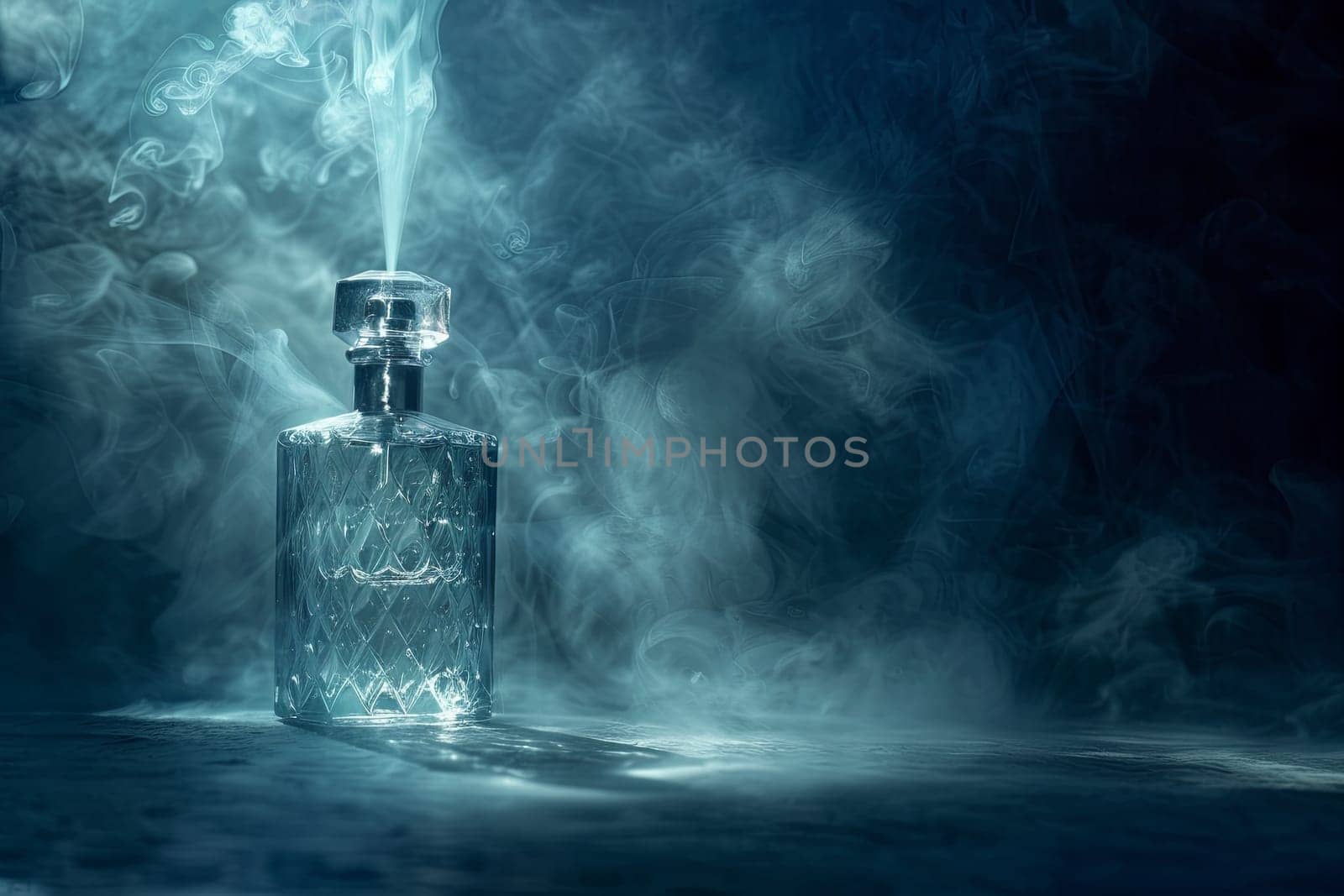 A luxurious, glass perfume bottle with a delicate, swirling mist rising from it against a dark background.