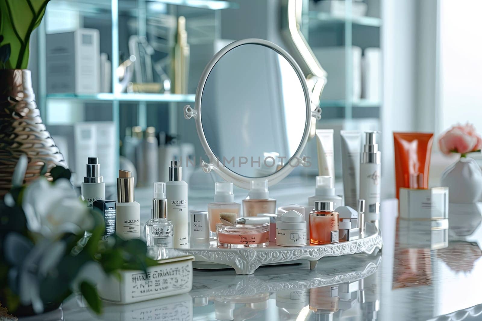 A tabletop vanity mirror surrounded by various cosmetic products, showcasing an organized and elegant setup.