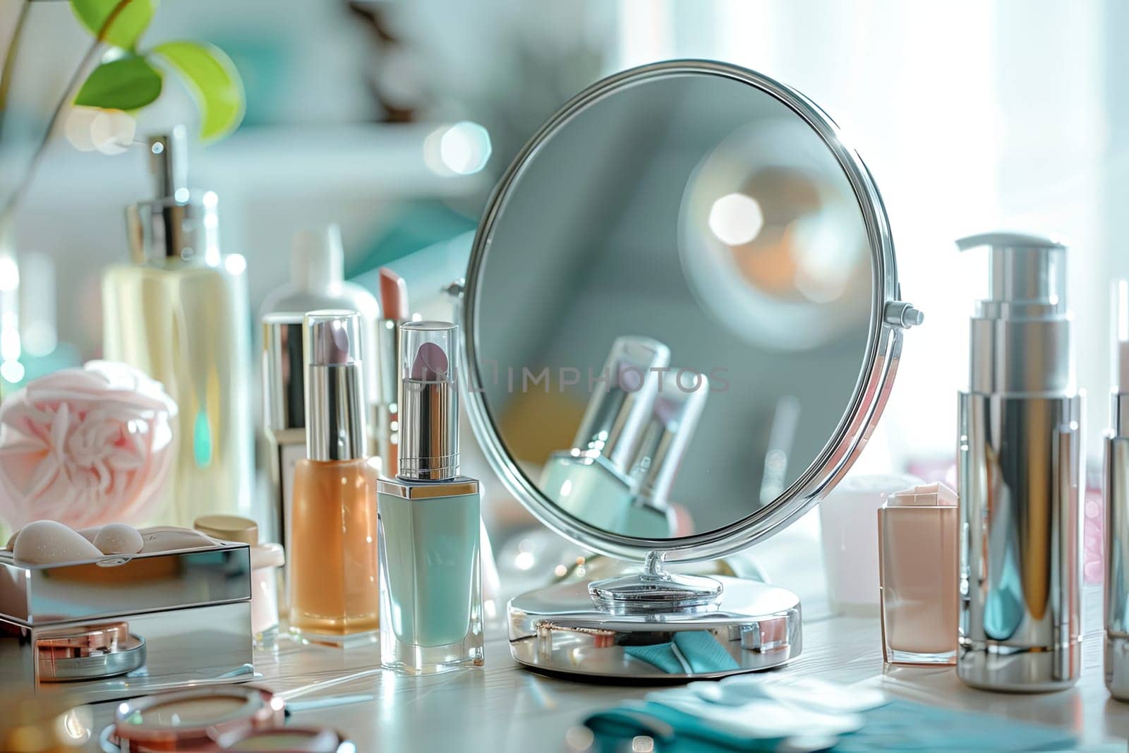 A close-up of a tabletop mirror surrounded by various cosmetic products, suggesting a well-organized and elegant vanity.