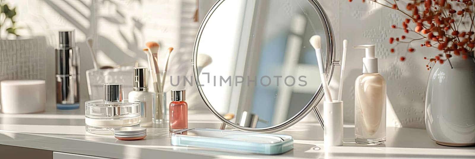 A tabletop mirror is surrounded by various cosmetic products in a bright and inviting bathroom setting.