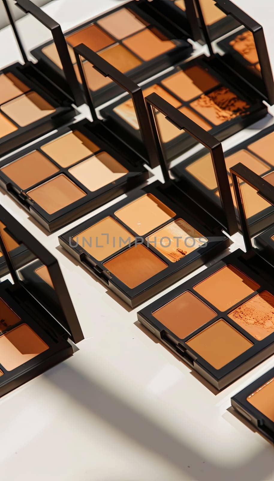 An assortment of contouring palettes and highlighters arranged neatly on a light background.
