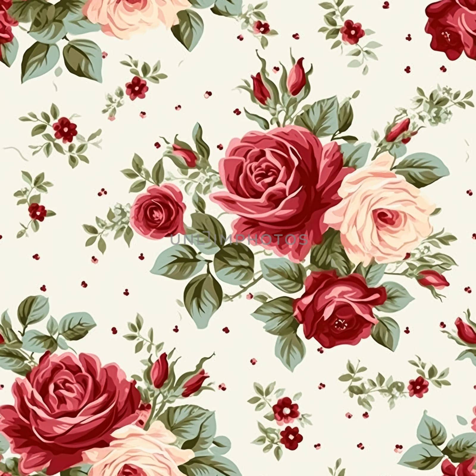 Seamless pattern, tileable floral country holiday print with roses, dots and flowers for wallpaper, wrapping paper, scrapbook, fabric and polka dot roses product design idea