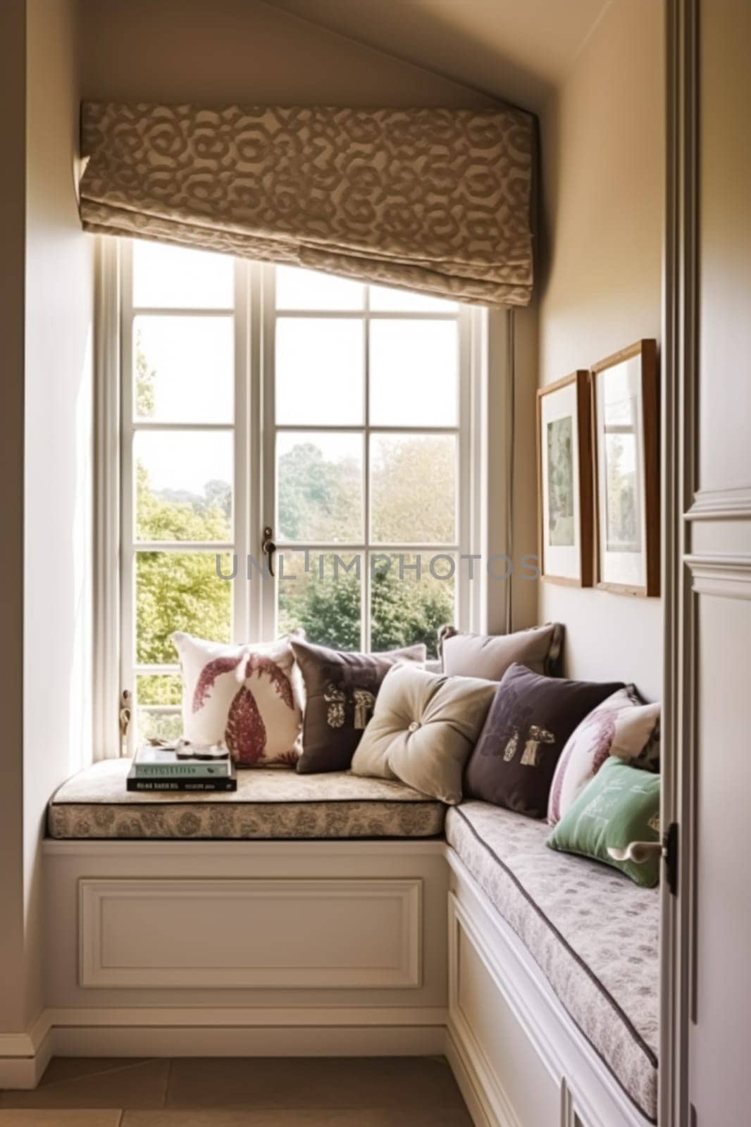 Window seat, interior design and comfort at home, reading nook with cushions and decor in a country house, English cottage style, post-processed, generative ai