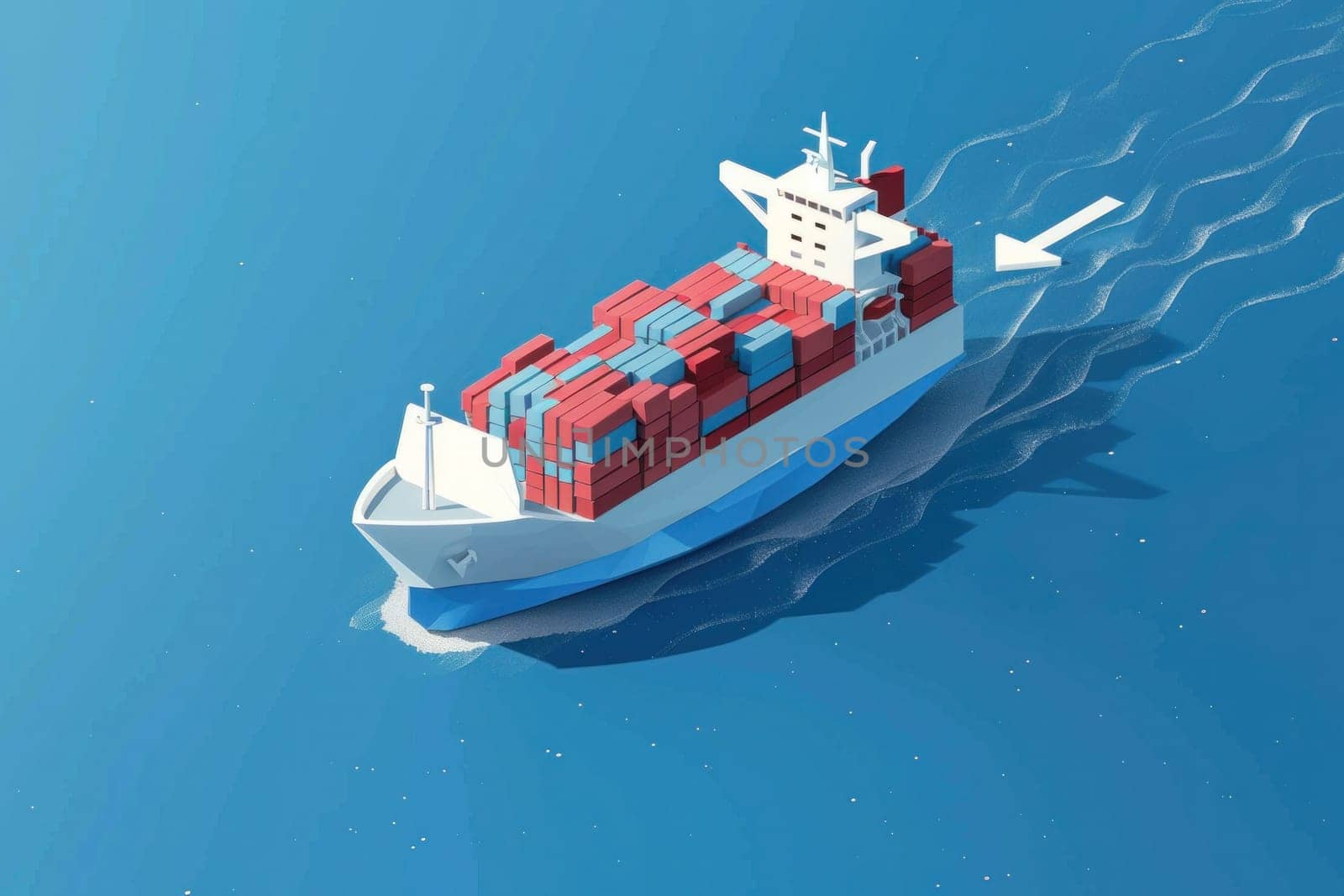 Cargo ship traveling across the ocean with white arrow pointing to it for business transportation and shipping concept