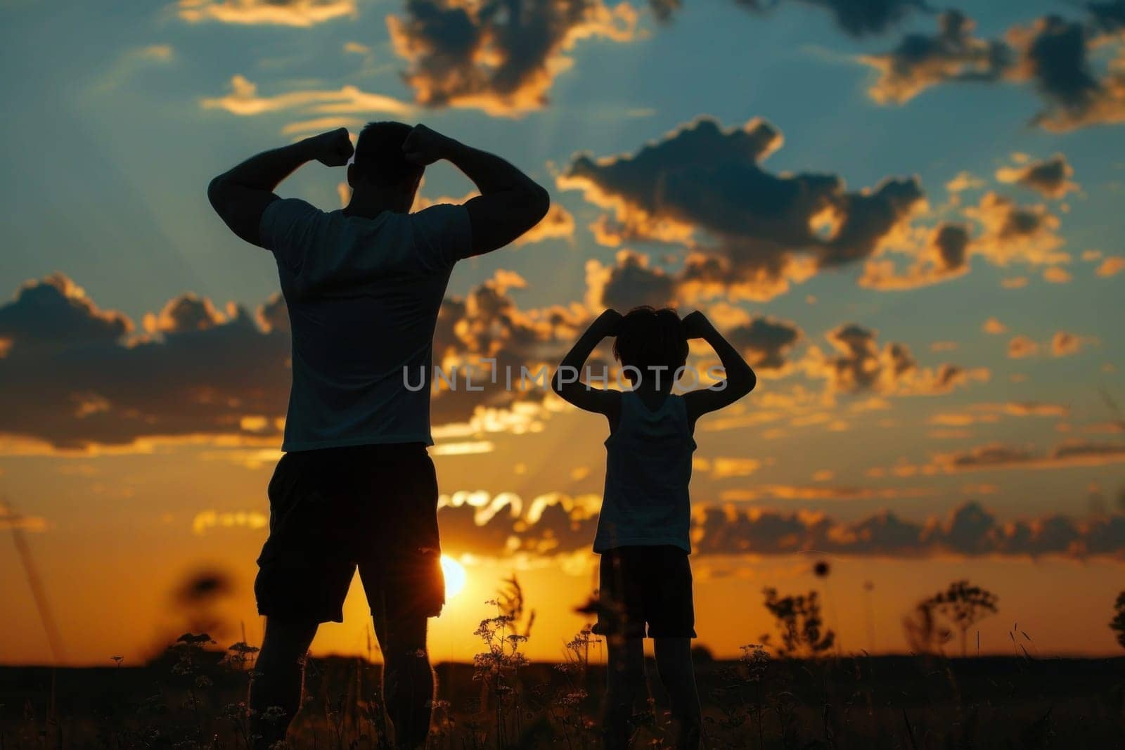 Family bonding father and son enjoying sunset in the field, traveling together and creating memories