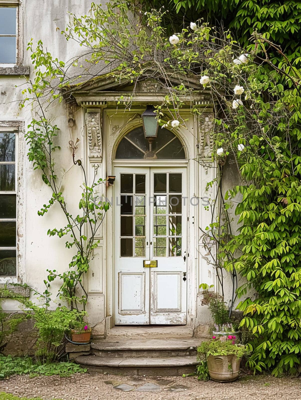 Entrance to a historic manor, framed by antique architectural elements and flanked by potted topiaries, features an aged door, the surrounding ivy and stonework add to the timeless elegance of the property