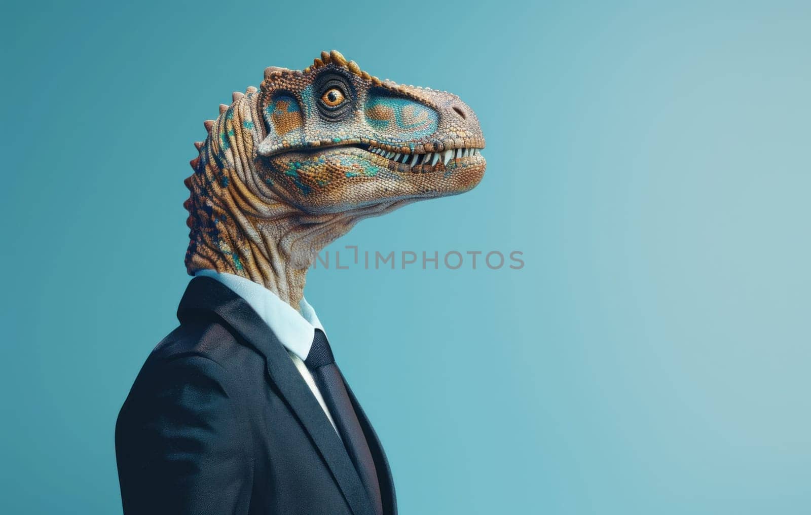 Dapper trex a stylish businessman on a blue background with a dash of humor