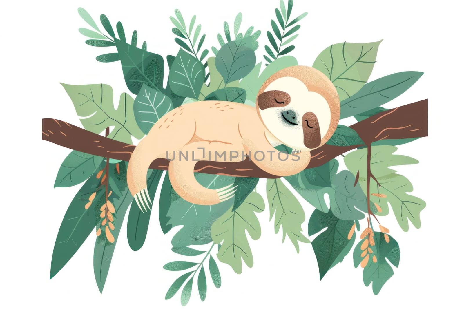 Sleepy sloth resting peacefully on lush jungle branch surrounded by greenery and leaves