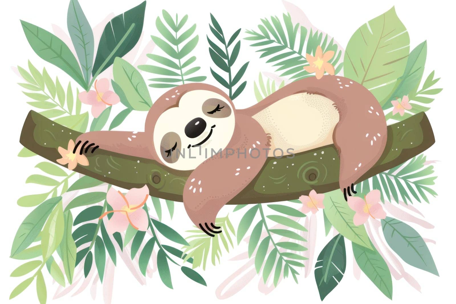 Sleeping sloth relaxing in tropical paradise with lush greenery and colorful blossoms on tree branch illustration