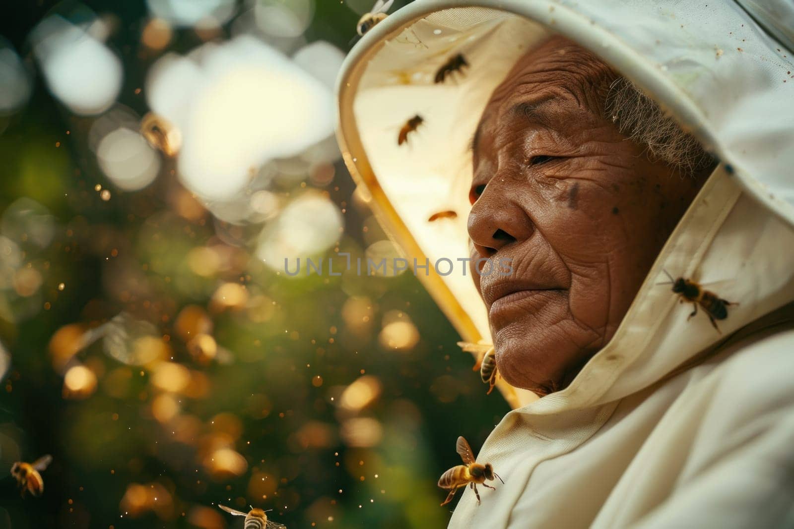 Elderly woman in beekeeper's suit surrounded by swarm of bees in medical beekeeping adventure