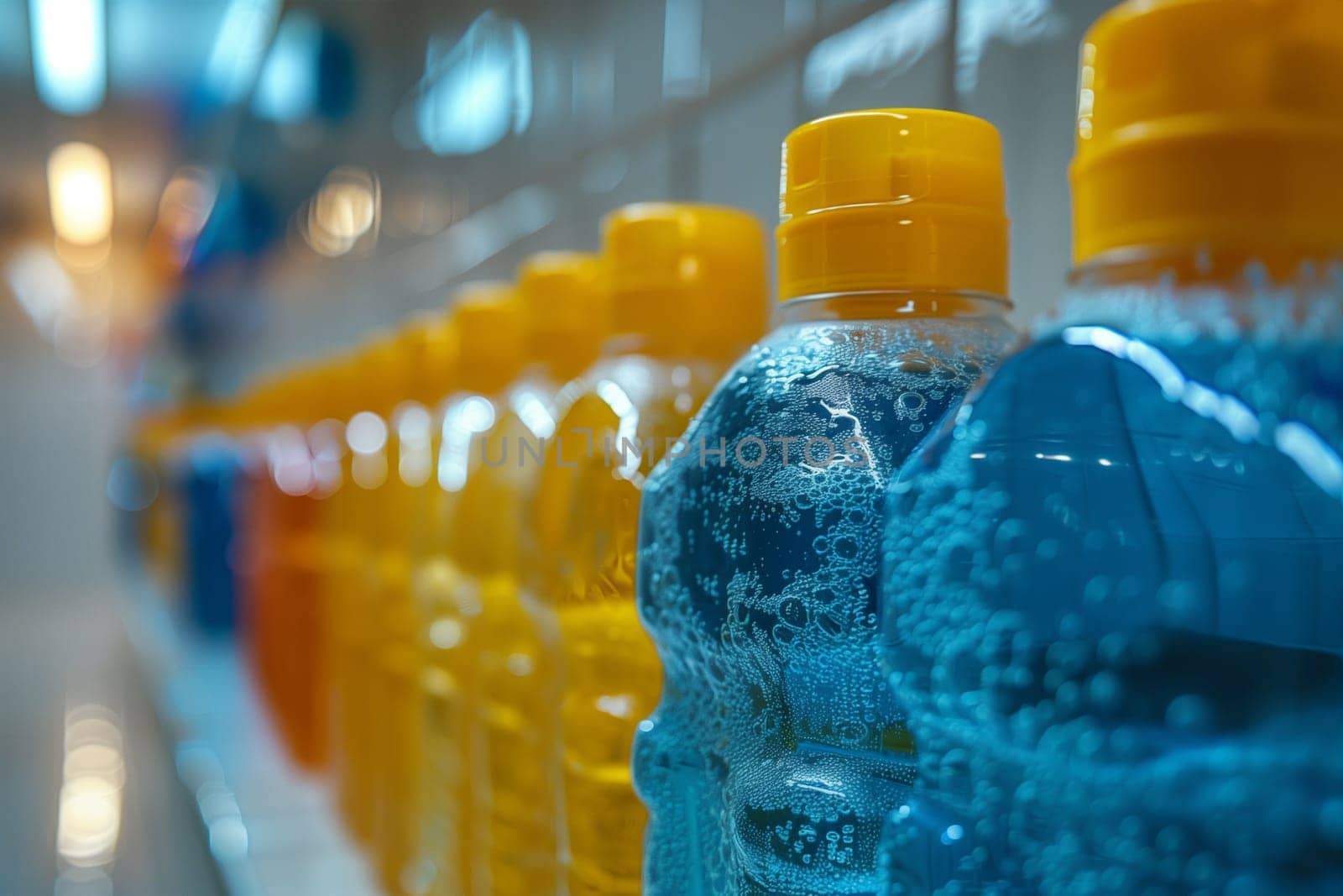 A close-up image of cleaning bottles with blue and yellow liquids on a store shelf.