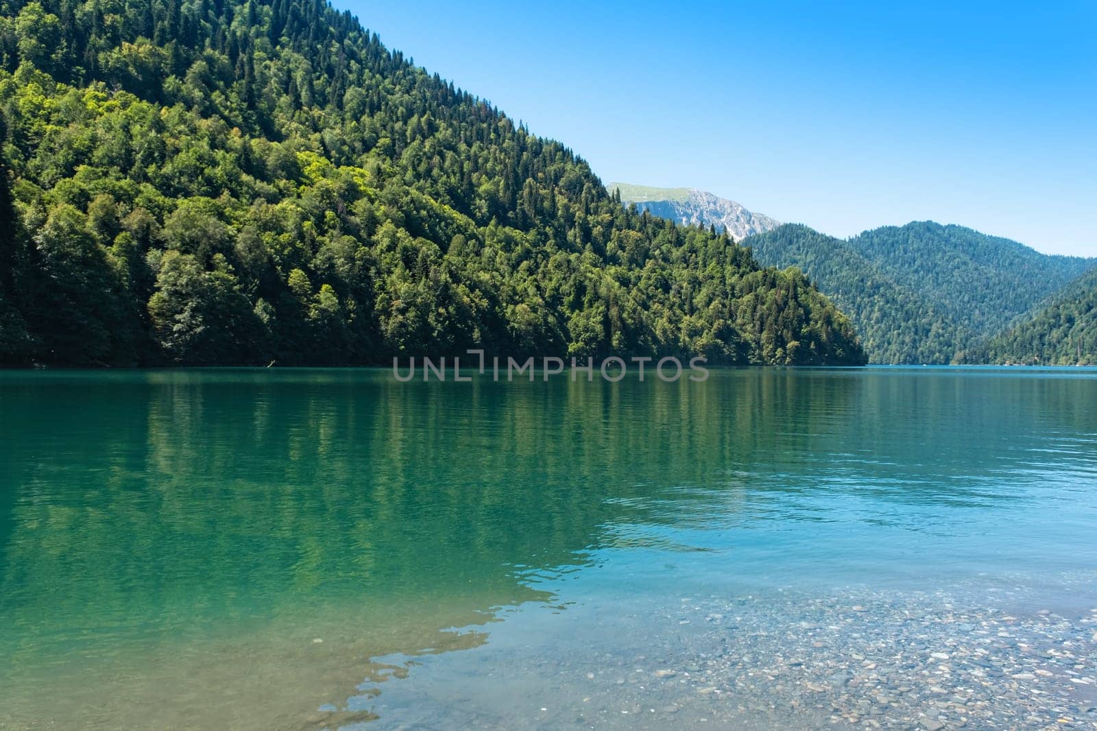 Natural landscape. Panorama view of the lake Small Ritsa. Ritsa National Park, Abkhazia.