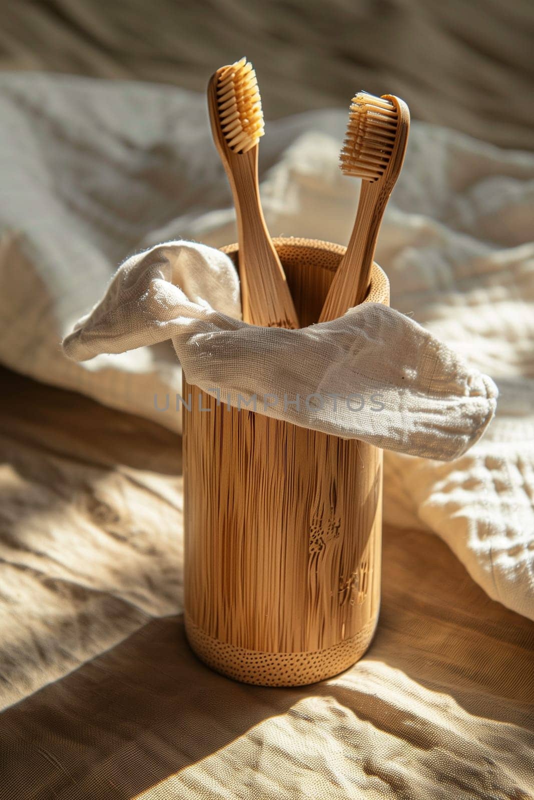 A cup on a bed holding two bamboo toothbrushes.