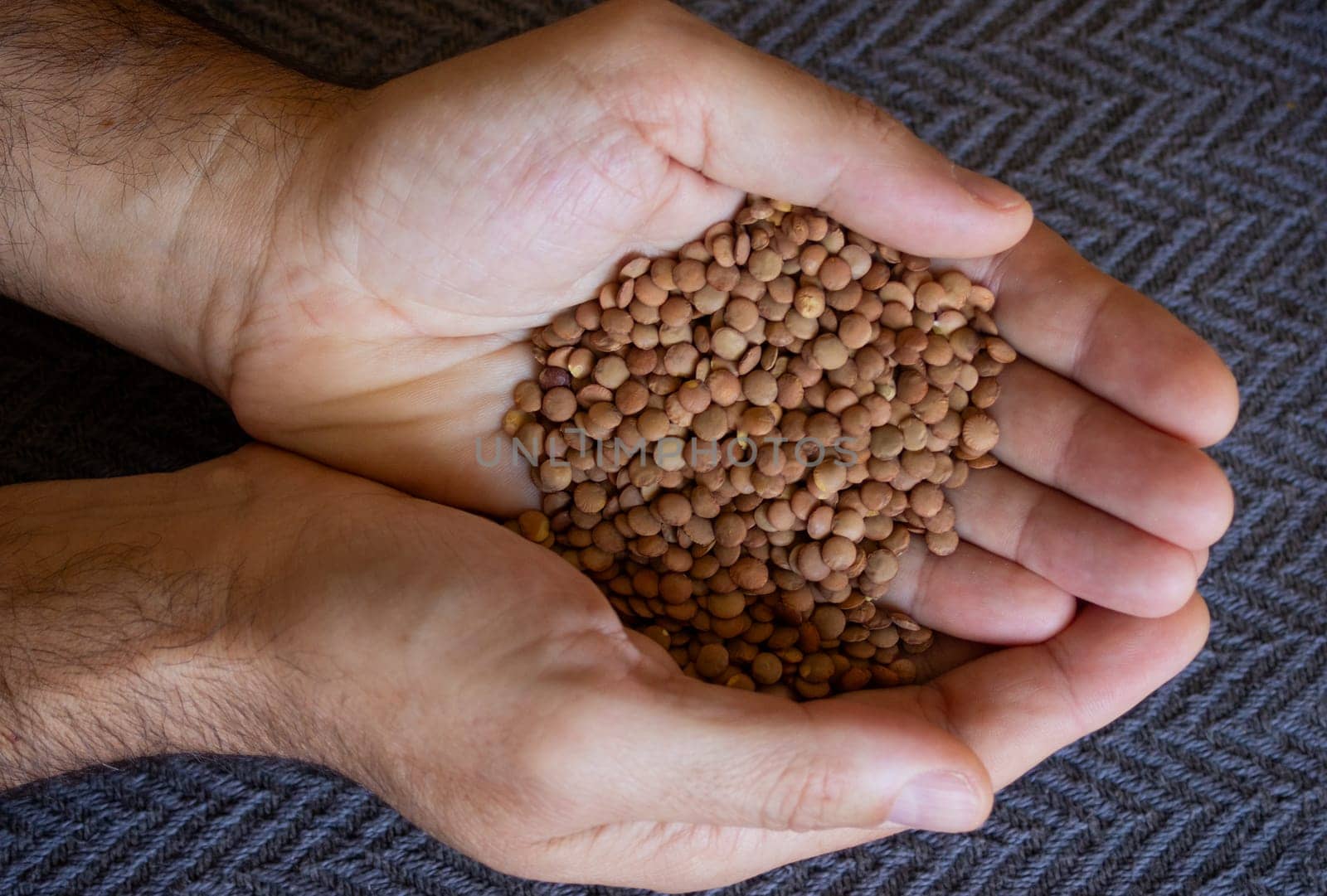 Hands of a young man with lentil seeds falling from one hand into another. by VeroDibe