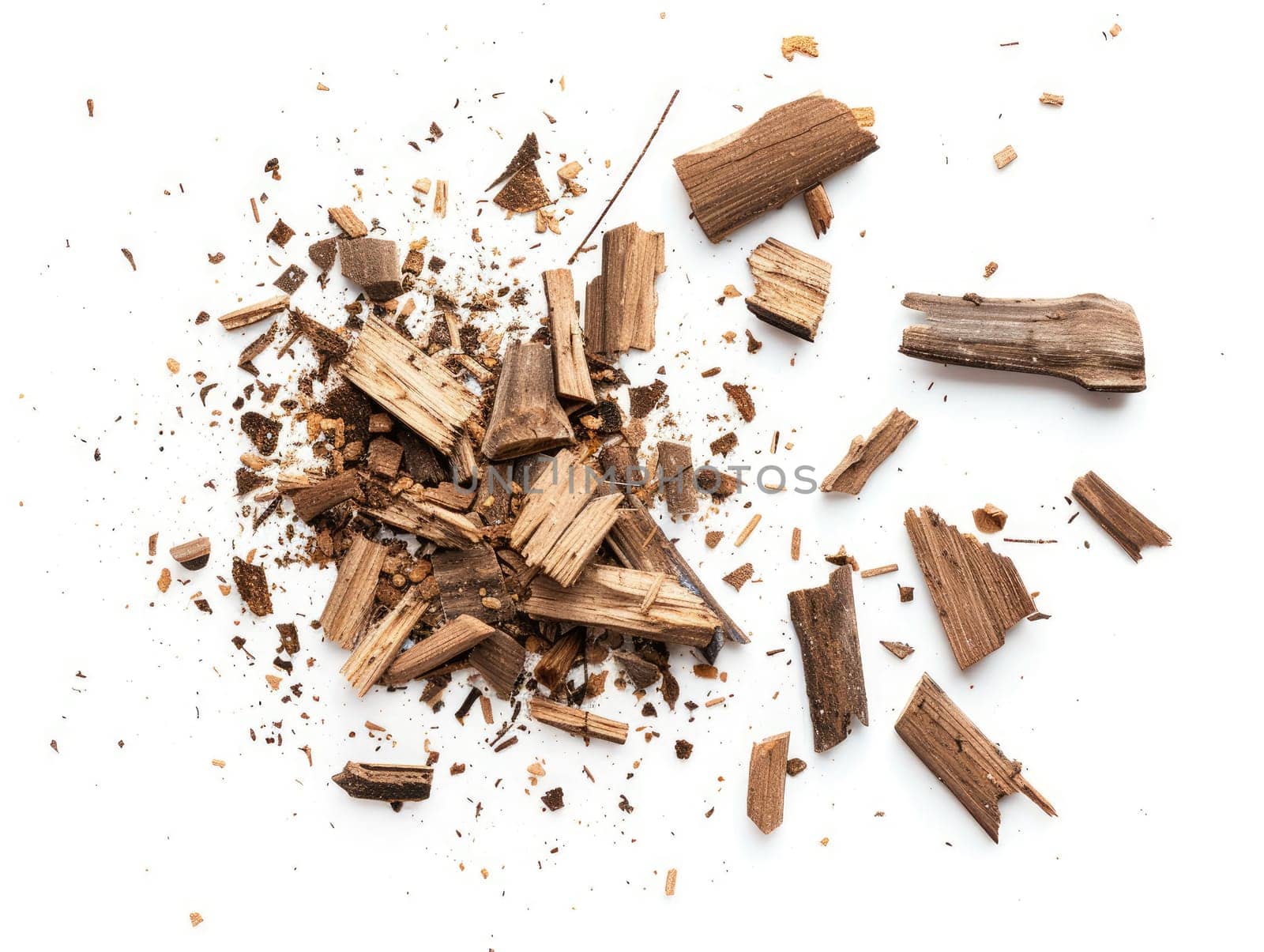 Pile of wood shavings, sawdust, and small wood fragments scattered on a white background. Nature textures and materials for design and art projects. Ai generation. High quality photo