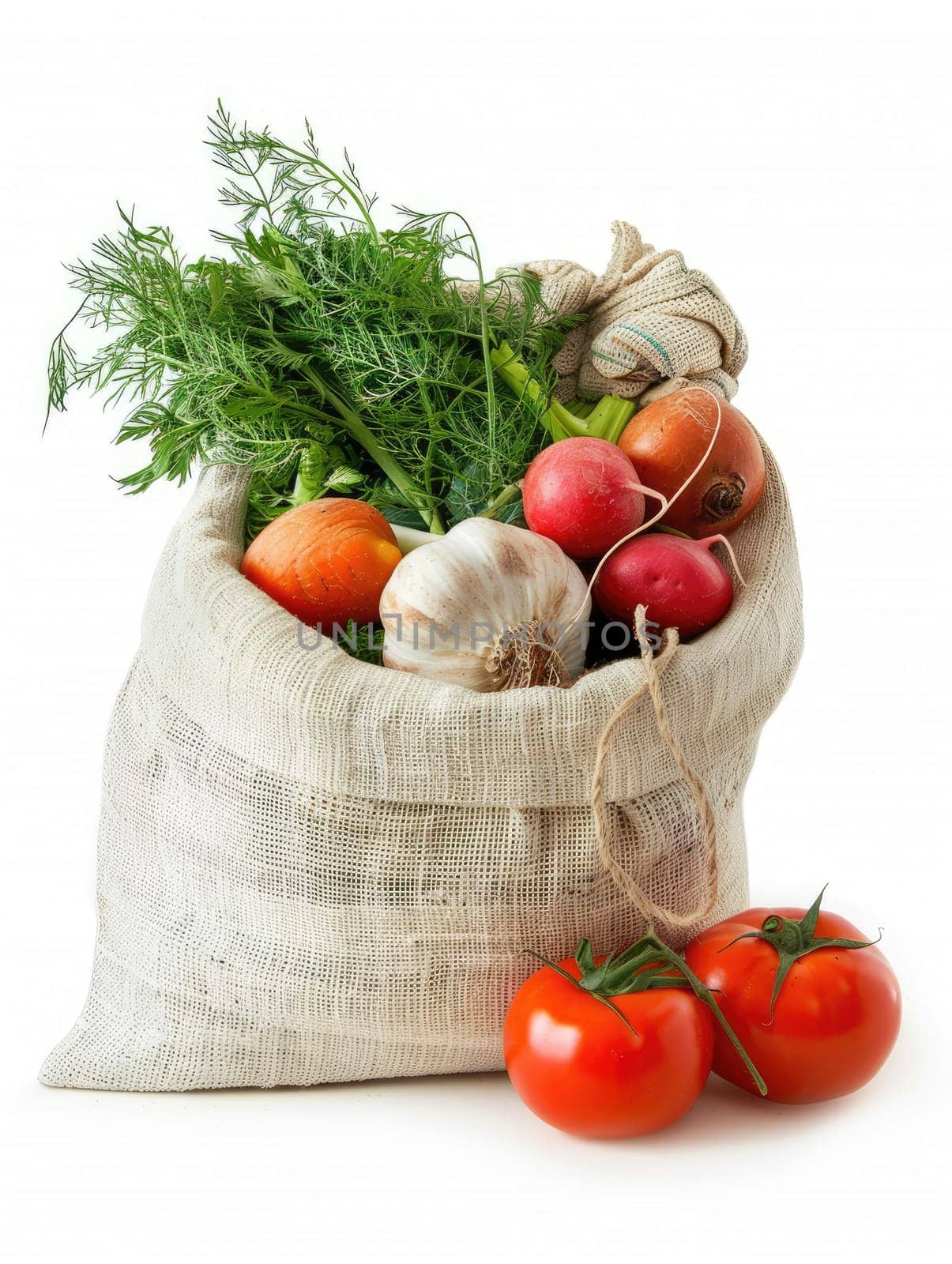 Burlap bag filled with fresh vegetables including tomatoes, garlic, radishes, carrots, and greens on white background. Healthy eating and eco friendly shopping concept. Ai generation. High quality