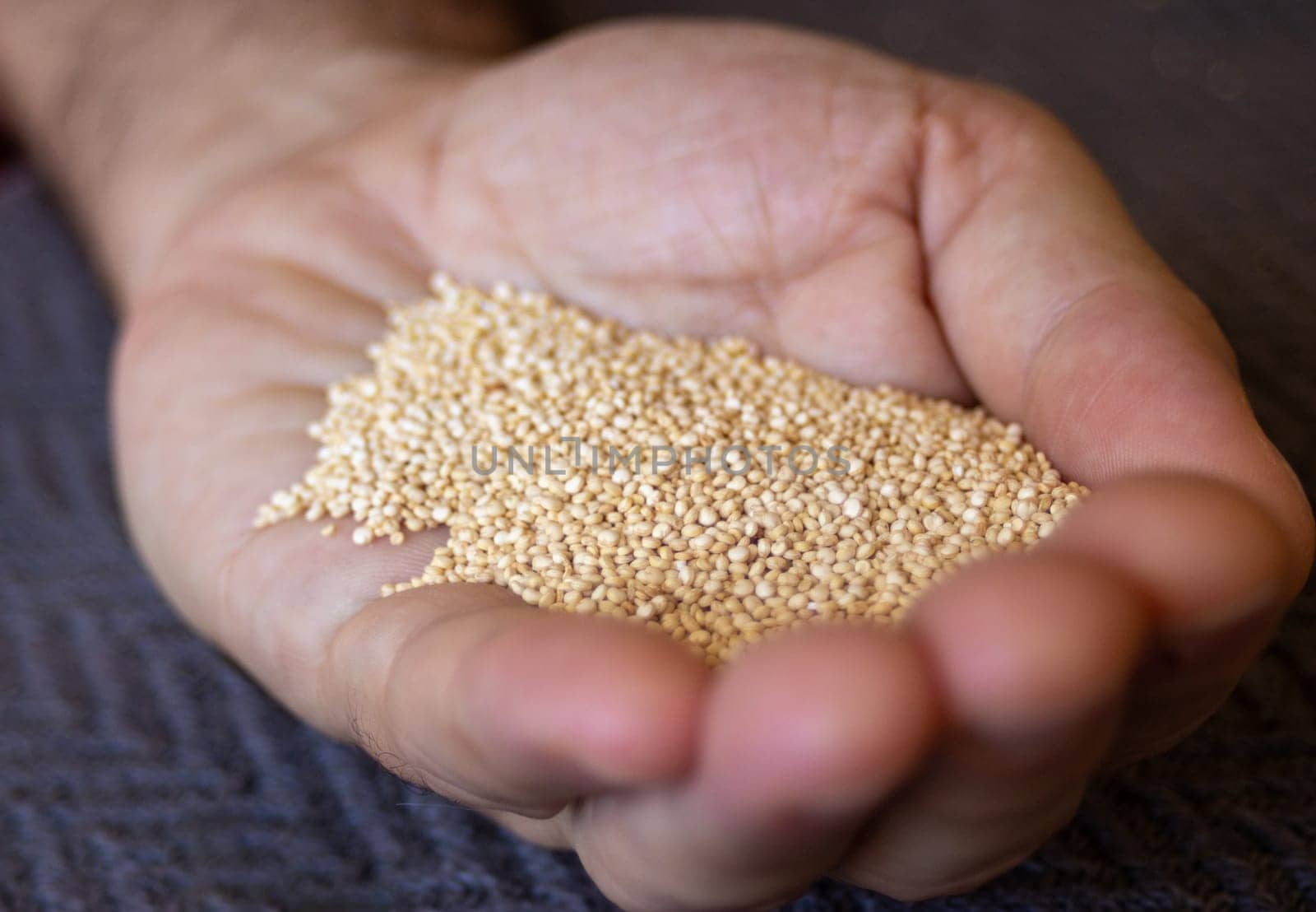 Man hand holding quinoa seeds.Very close up photo.Healthy eating. by VeroDibe