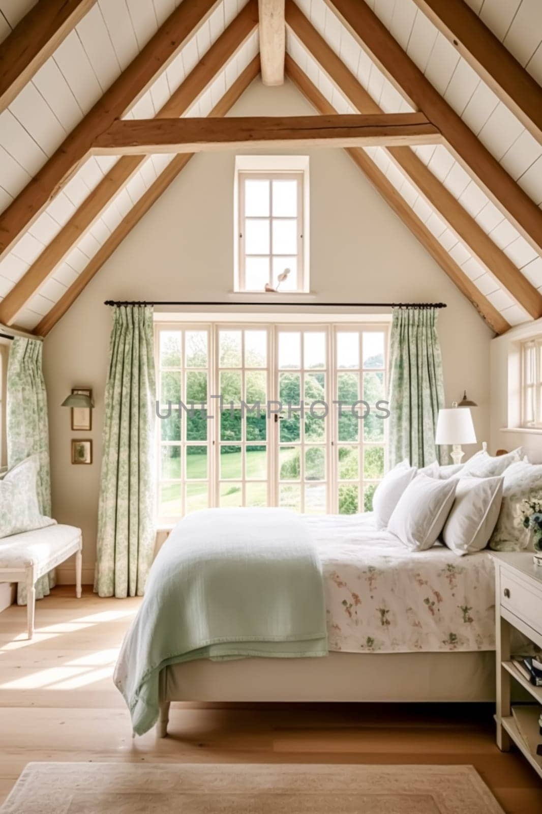 Cottage bedroom decor, interior design and holiday rental, bed with elegant bedding linen and antique furniture, English country house and farmhouse style idea