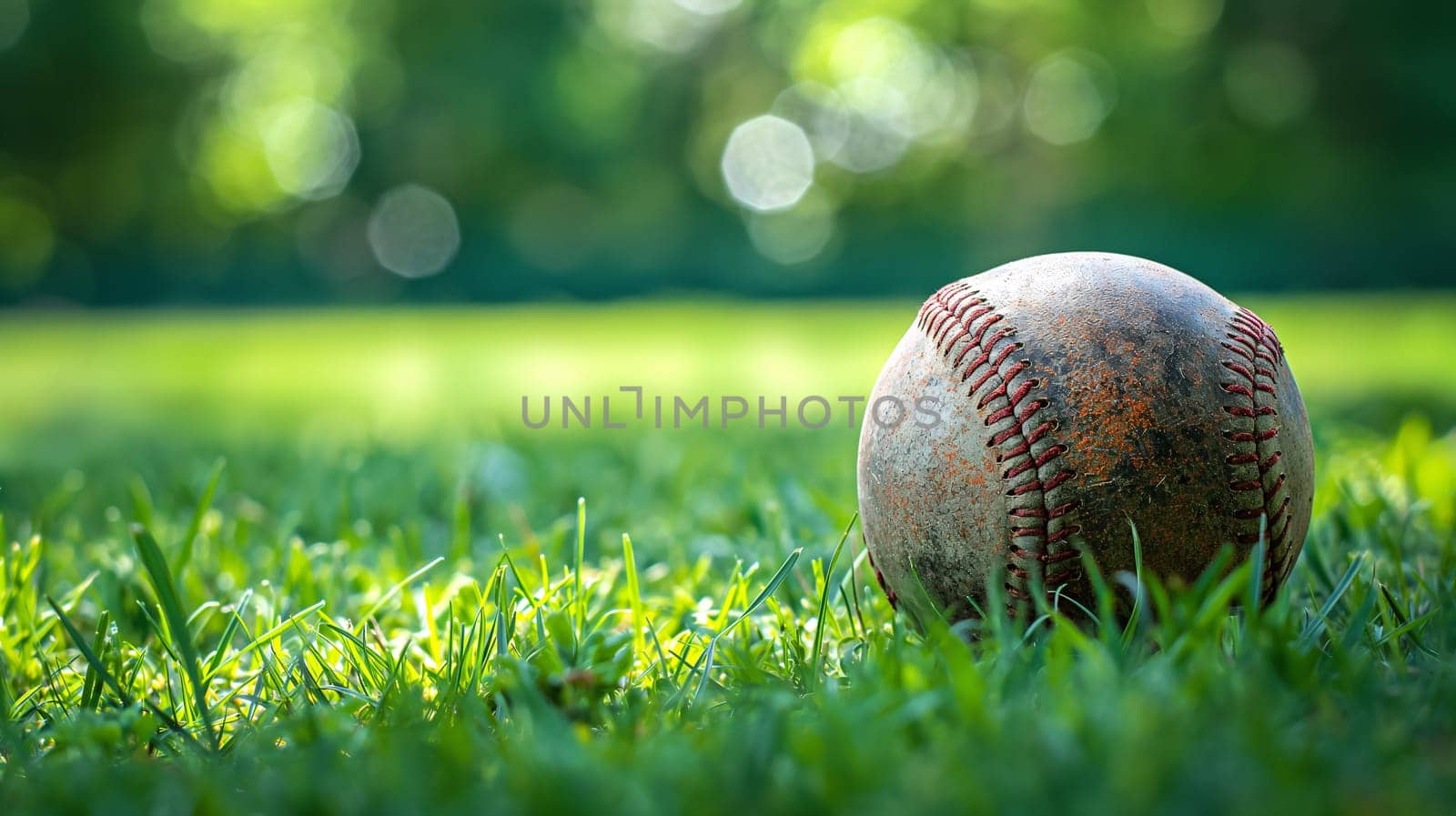 A weathered baseball rests among vibrant green grass blades highlighted by the soft glow of sunlight filtering through trees - Generative AI