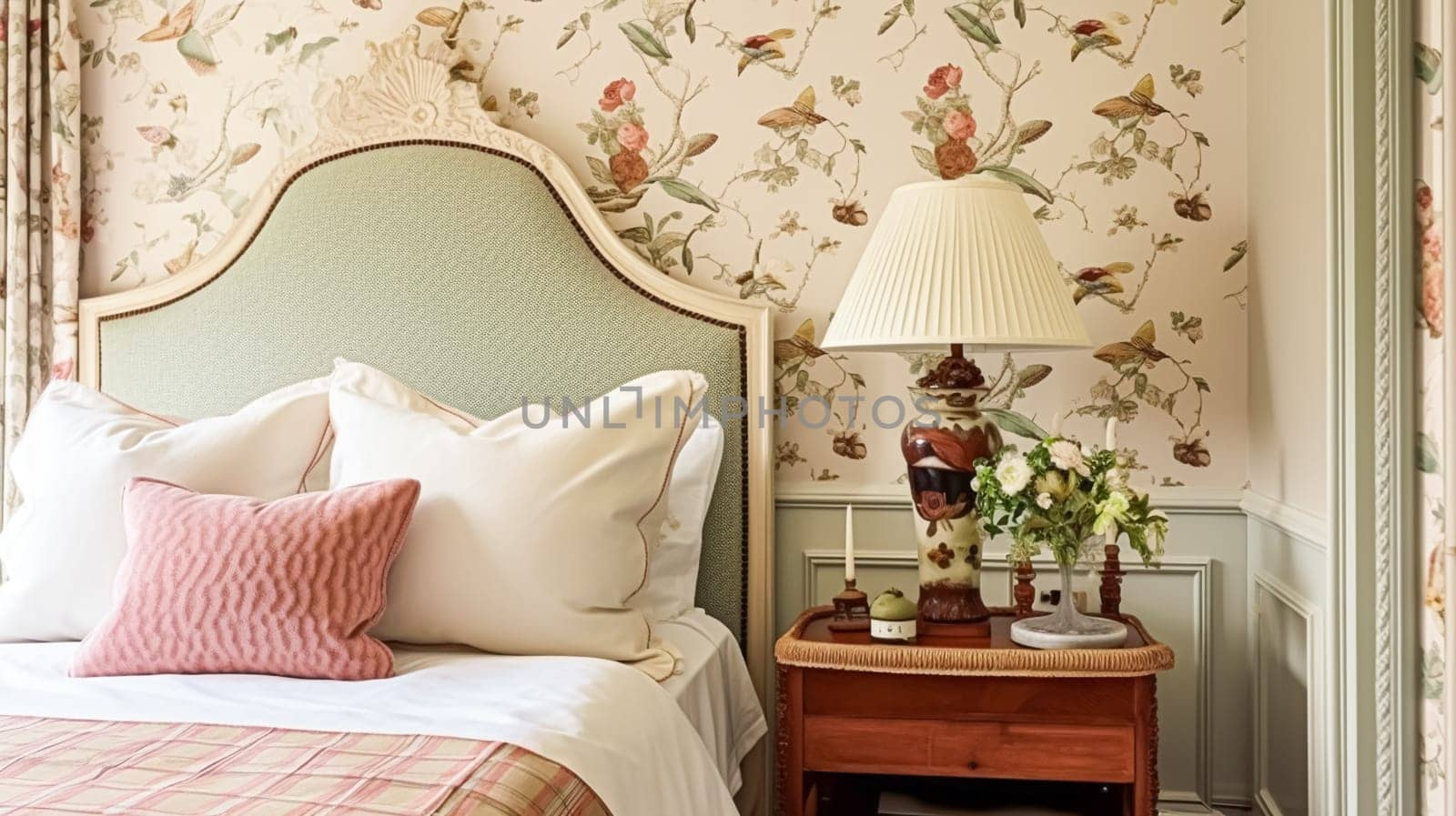 Charming bedroom decor, interior design and home decor, bed with elegant bedding and bespoke furniture, English country house, holiday rental and cottage style interiors