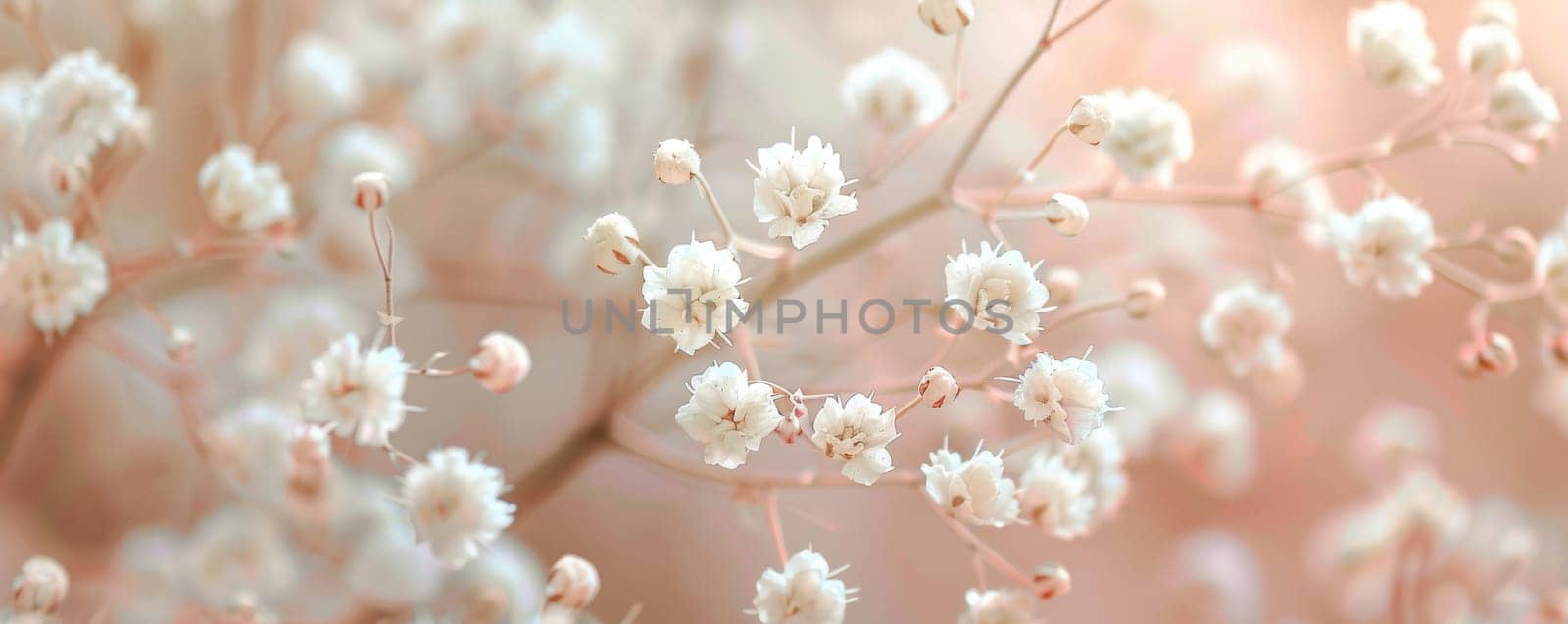 Delicate white gypsophila flowers with blurred pinkish background