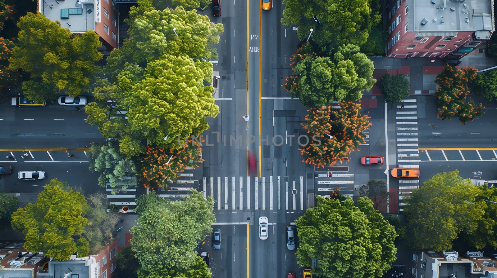 City street with buildings, trees, and vehicles from above by Nadtochiy