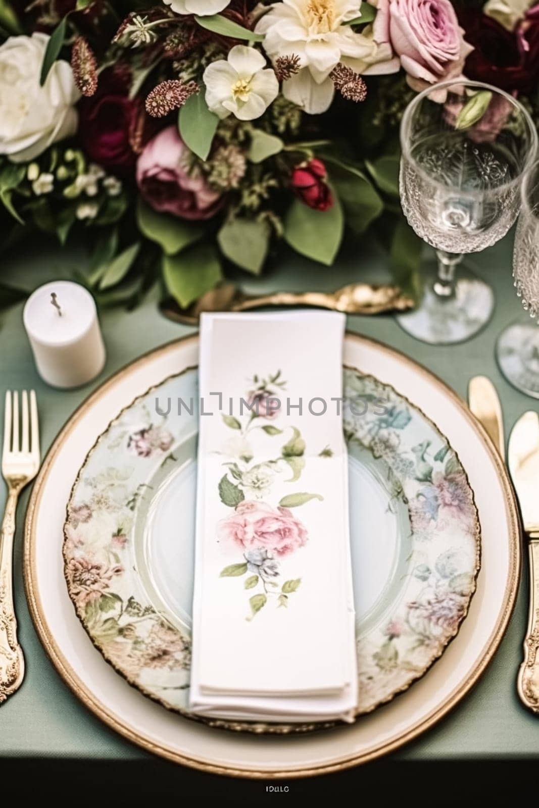 Floral wedding table decor, holiday tablescape and dinner table setting, formal event decoration for wedding reception, family celebration, English country and home styling inspiration