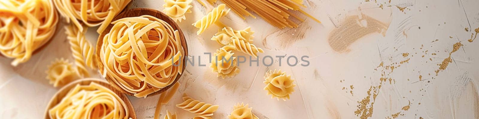 Pasta recipe preparation flatlay background with ingredients, spaghetti, olive oil, garlic, tomatoes and spices in the kitchen, homemade food recipe idea