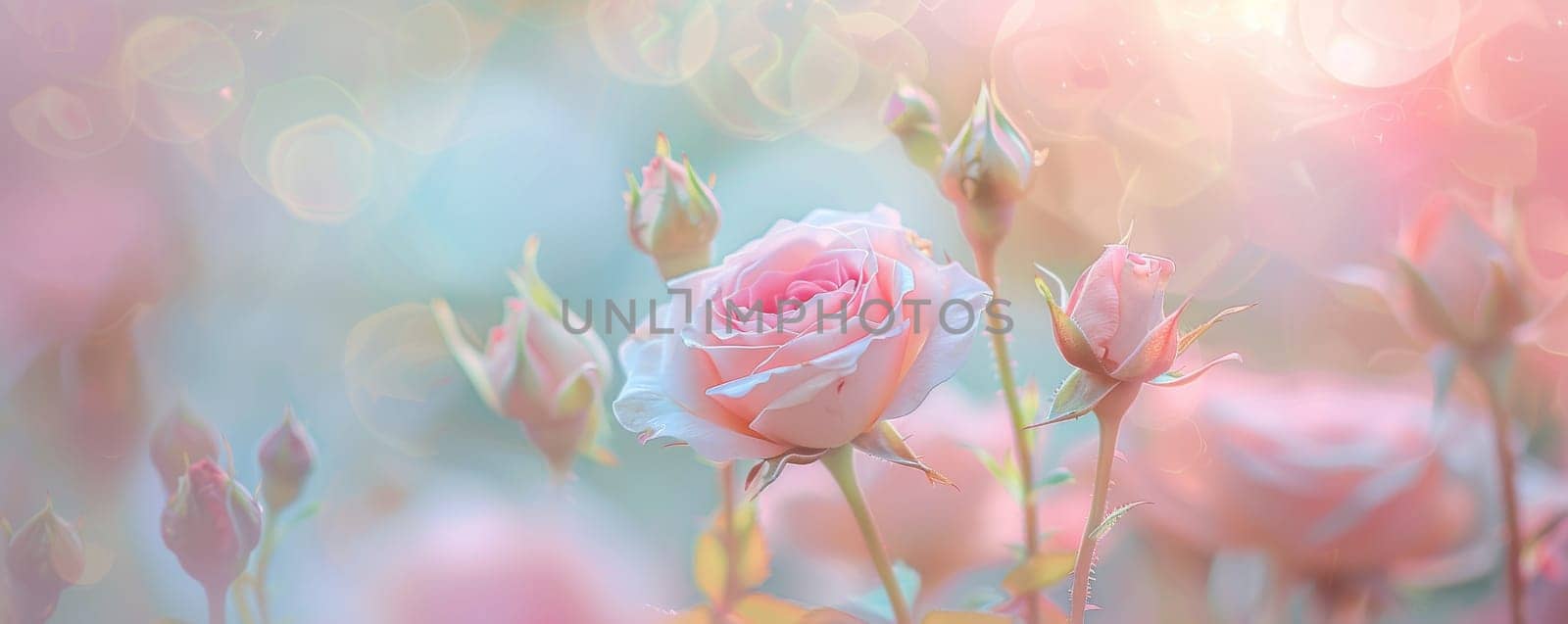 Soft pink roses blooming in a dreamy bokeh background