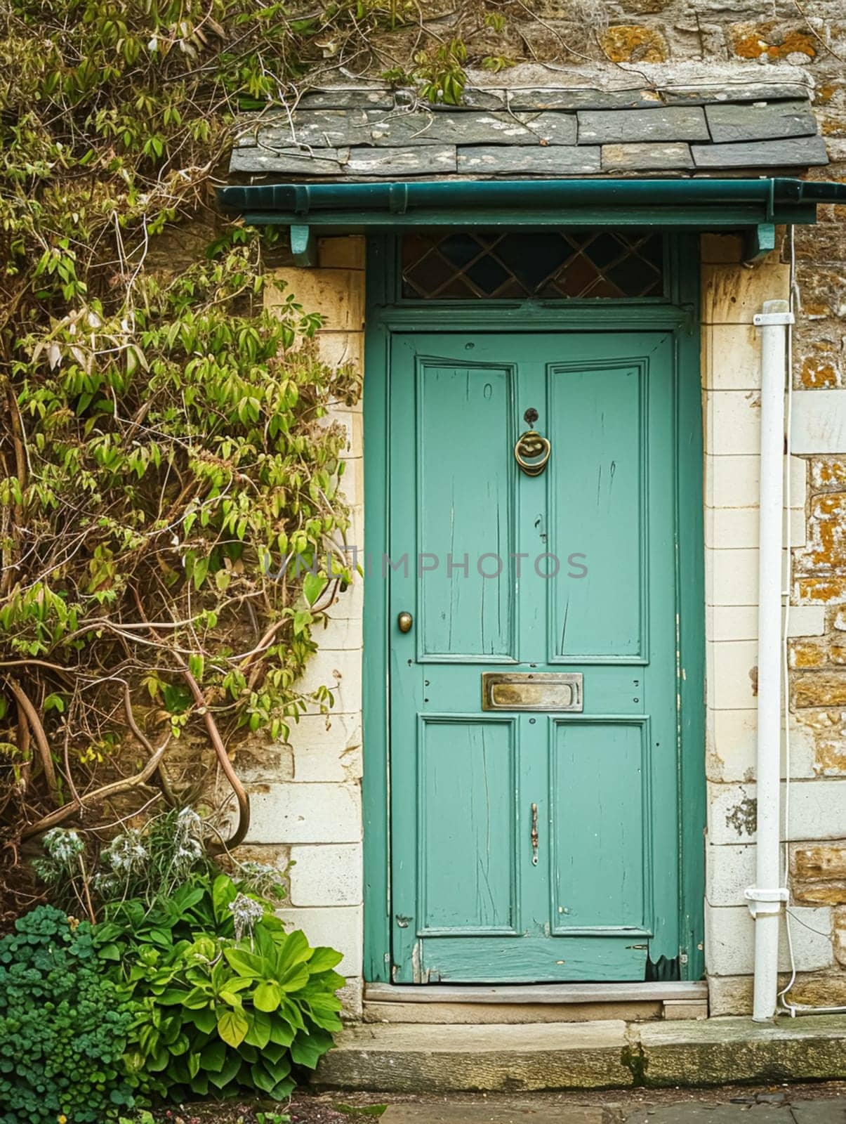 Entrance to a historic manor, framed by antique architectural elements and flanked by potted topiaries, features an aged door, the surrounding ivy and stonework add to the timeless elegance of the property