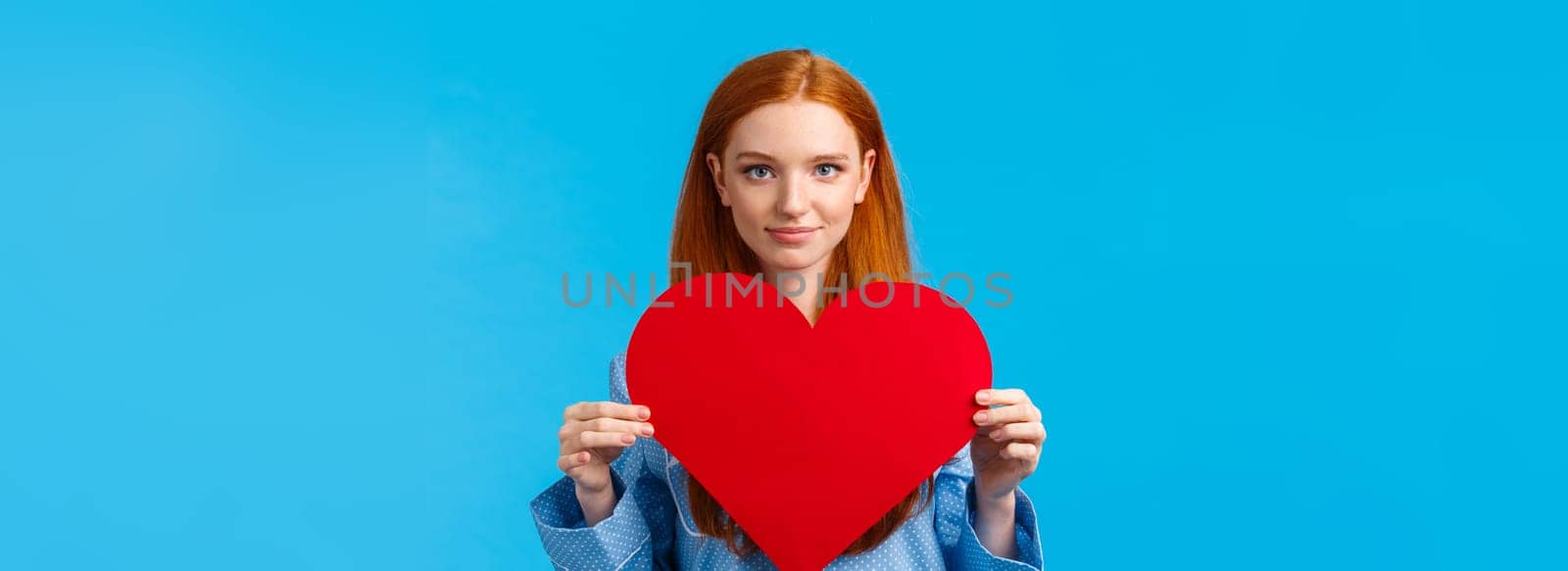 . Showing my affection. Valentines day concept. Confident and bold cute redhead woman in nightwear holding huge heart gesture and smiling, expressing love and admiration, confessing.