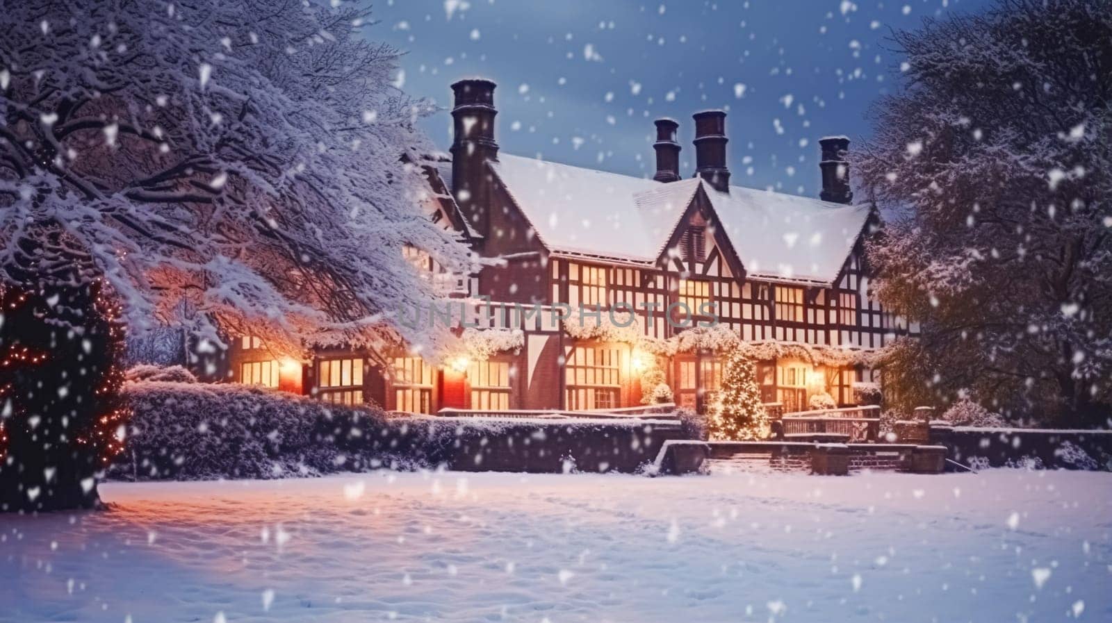 Christmas in the countryside manor, English country house mansion decorated for holidays on a snowy winter evening with snow and holiday lights, Merry Christmas and Happy Holidays design