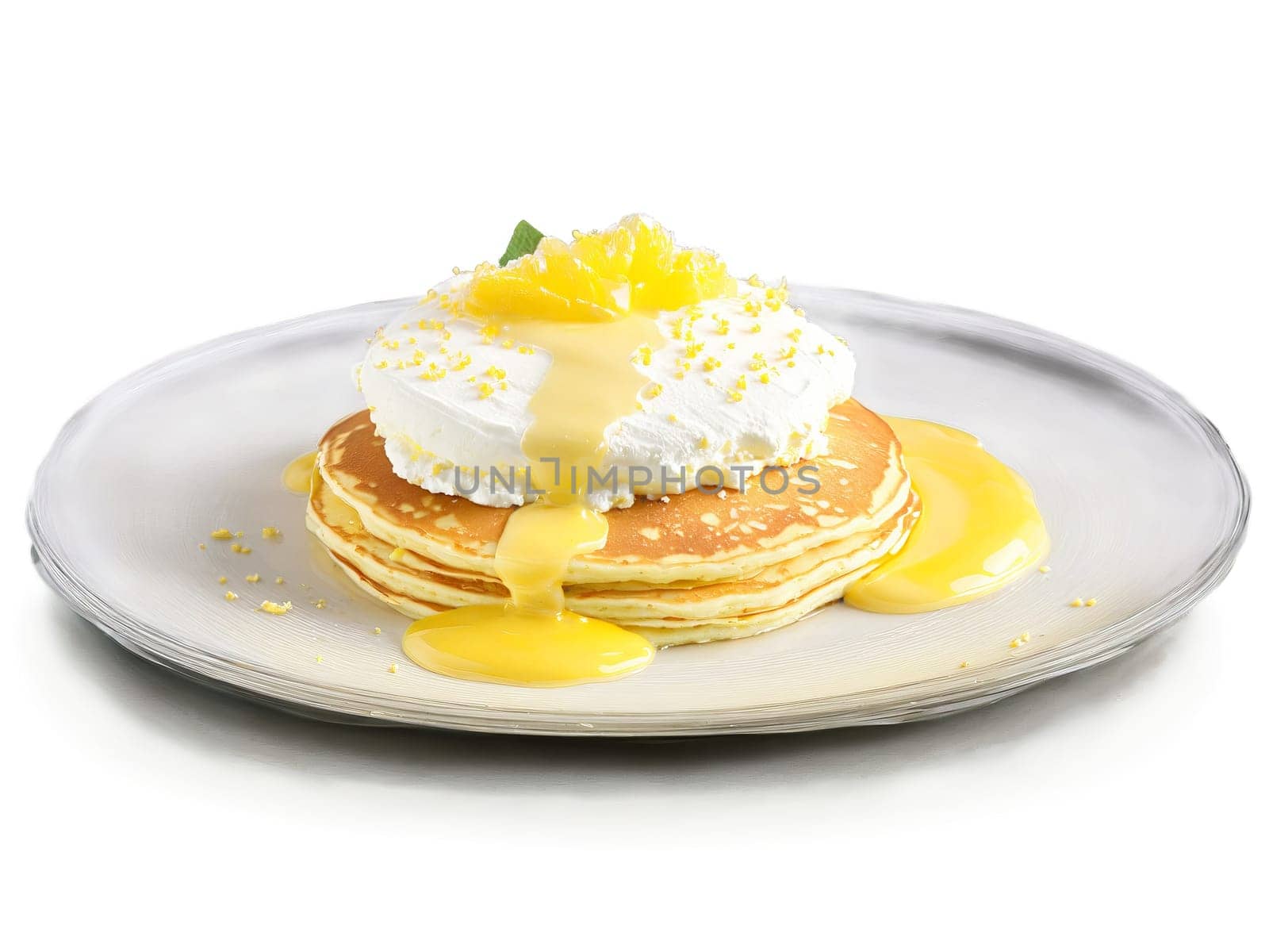 Pancakes ricotta and lemon with a dollop of lemon curd on a transparent glass plate. Food isolated on transparent background.