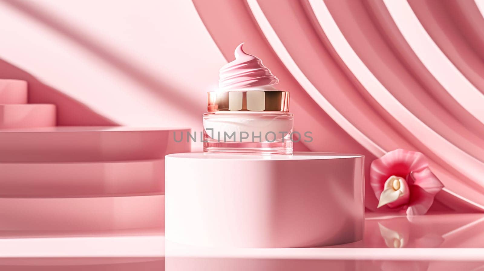 Cosmetic cream in a glass jar on a pink background. Skin care concept. Backdrop for beauty products