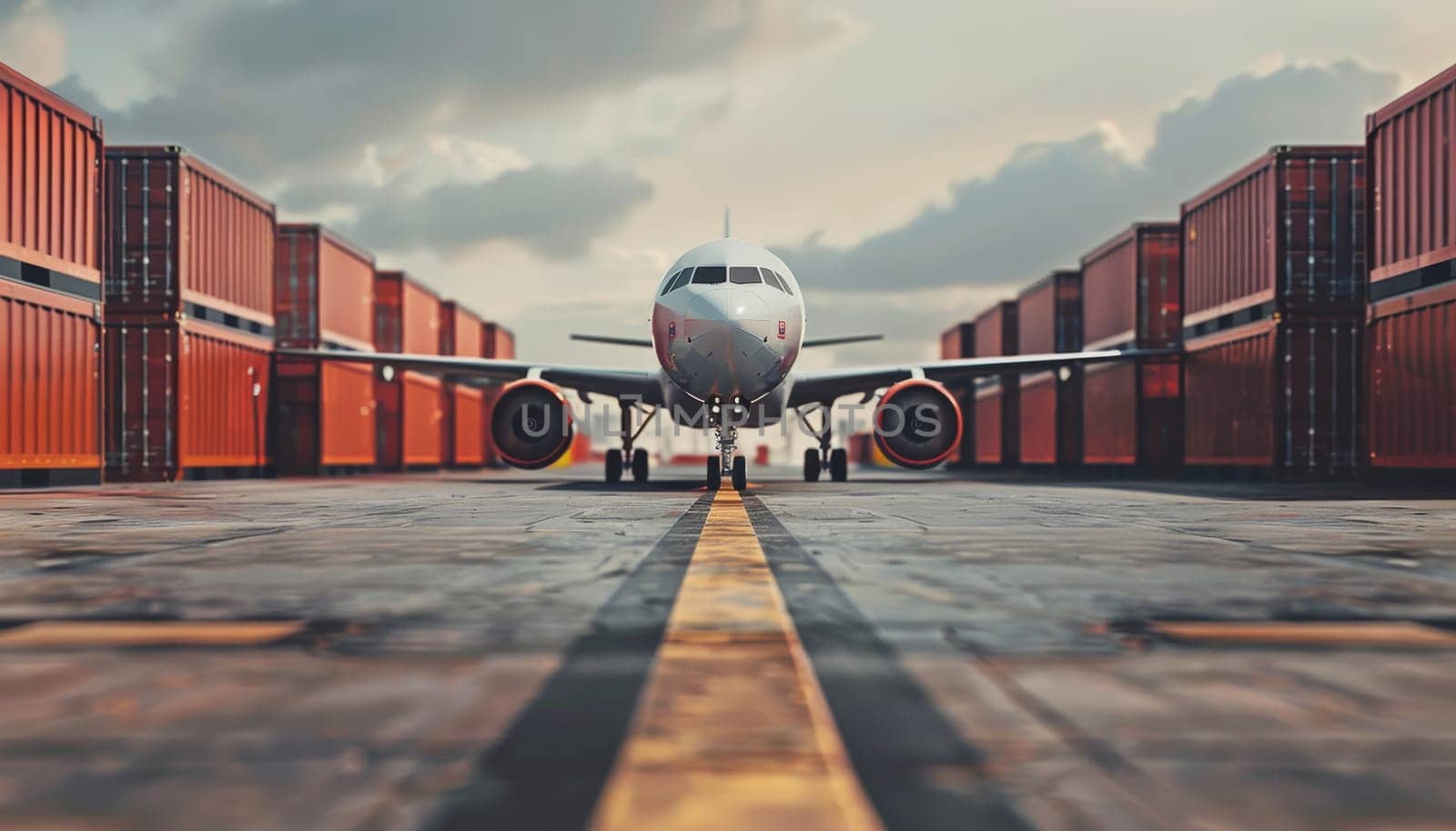 A white airplane is parked on a runway next to a row of red shipping containers by AI generated image by wichayada