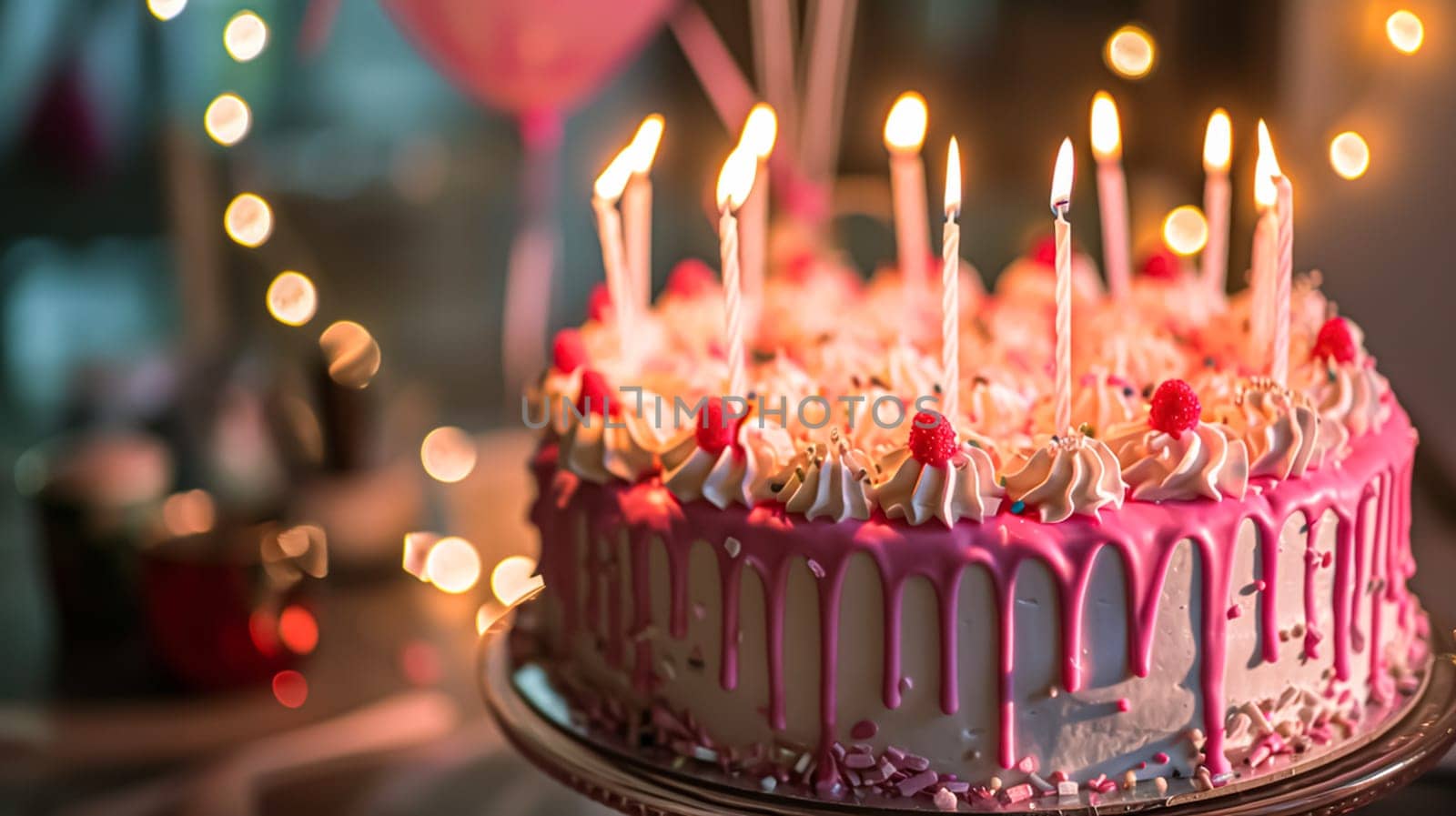 Birthday cake with candles and flowers on the table. Selective focus.