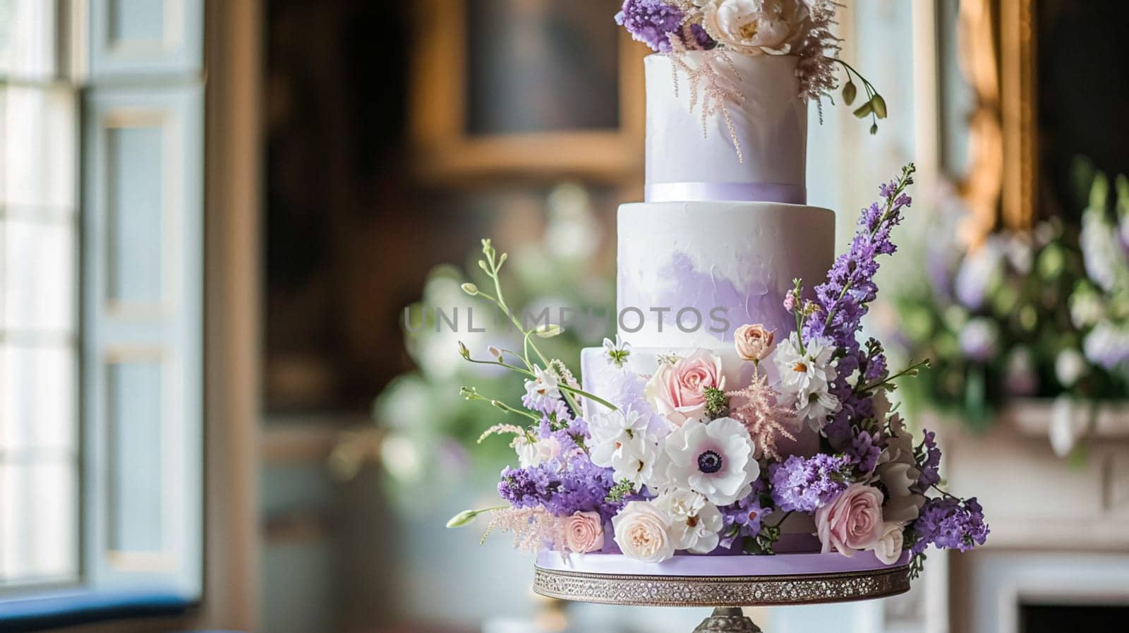 Wedding cake with lavender flowers. Festive table decoration.