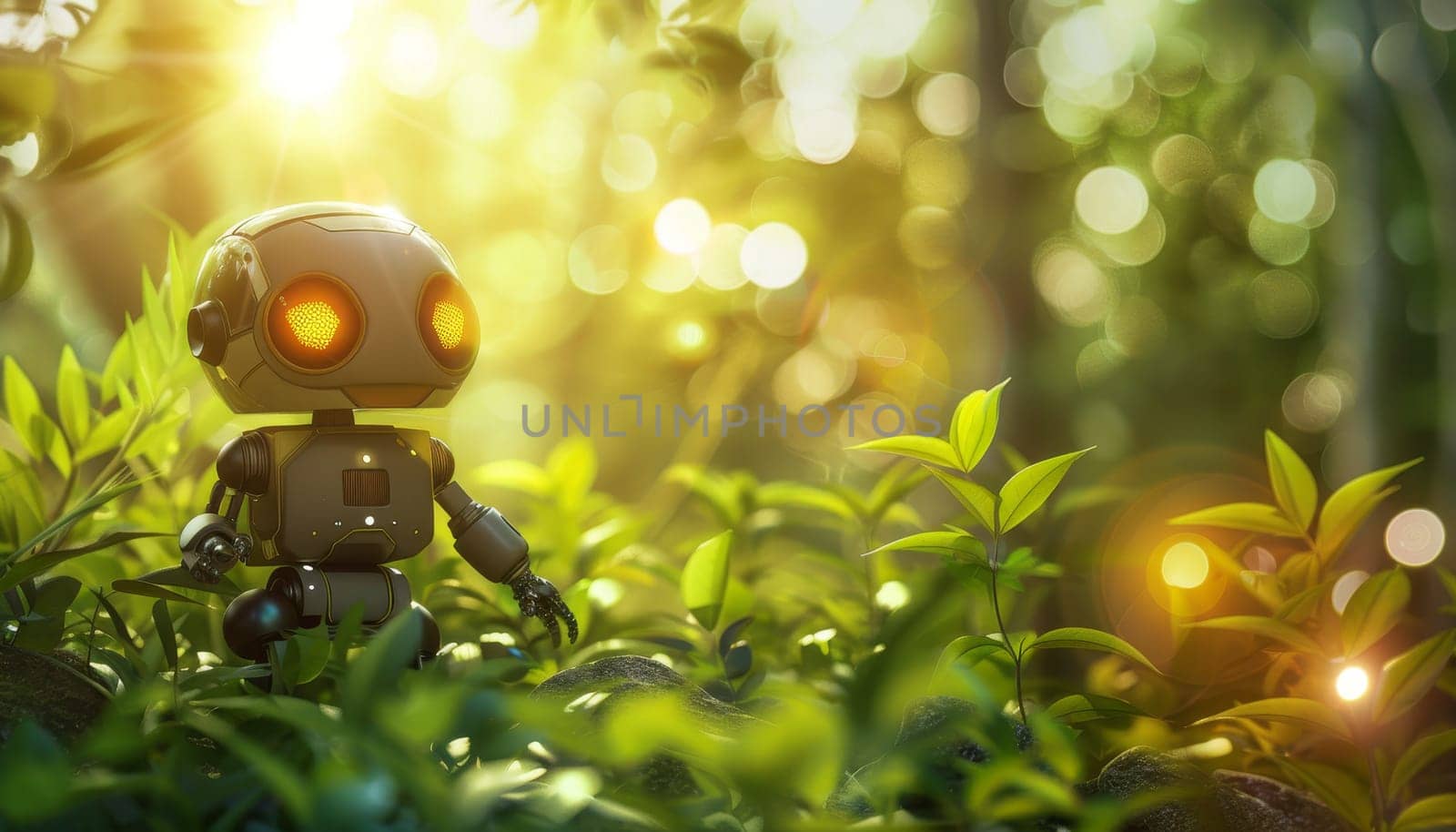 A robot is standing in a lush green forest by AI generated image by wichayada