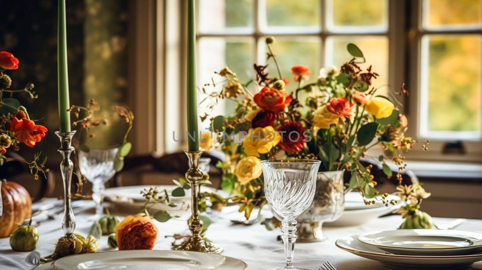 Autumn holiday tablescape, formal dinner table setting, table scape with elegant autumnal floral decor for wedding party and event decoration idea