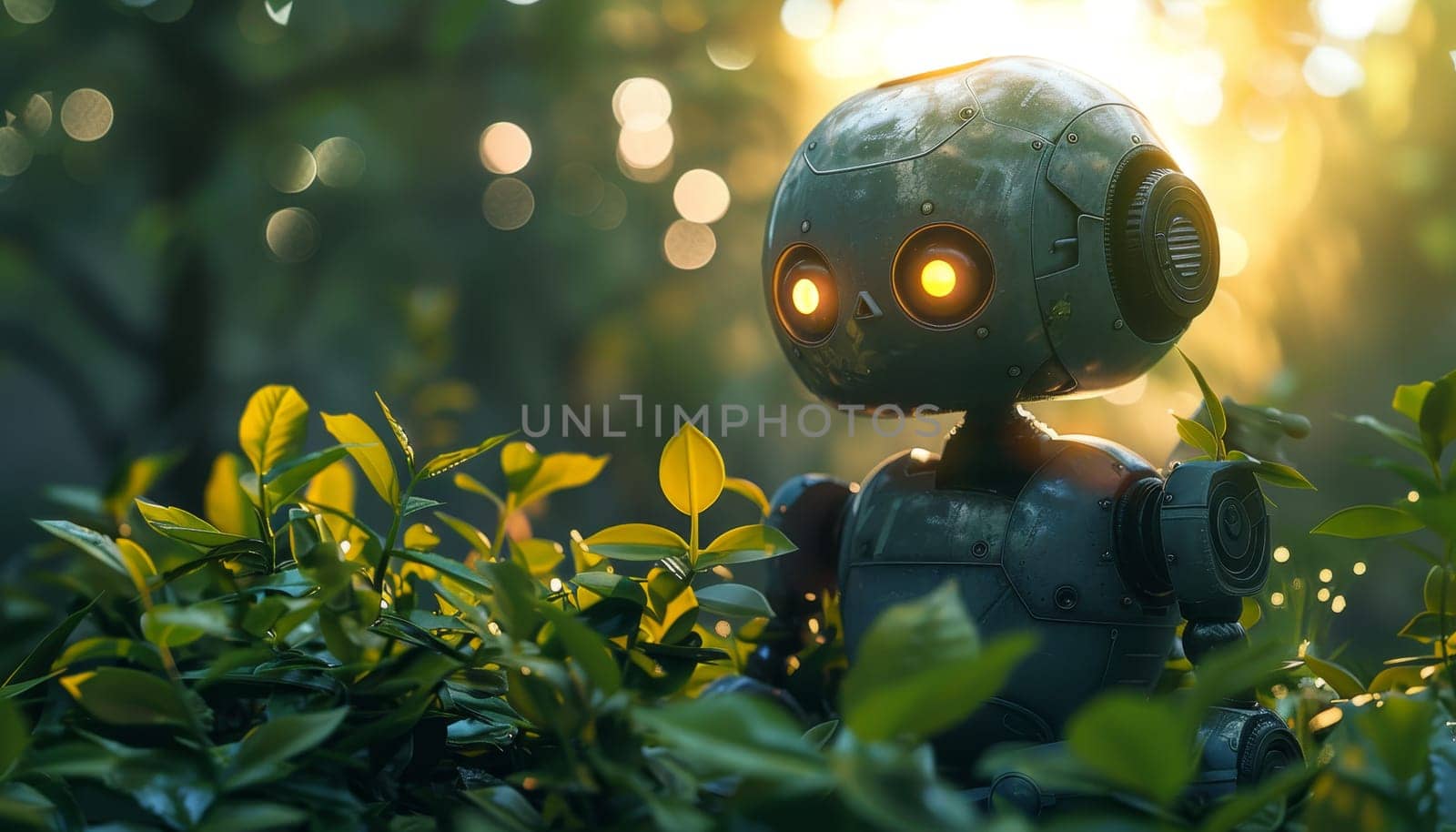 A robot is standing in a lush green forest by AI generated image by wichayada