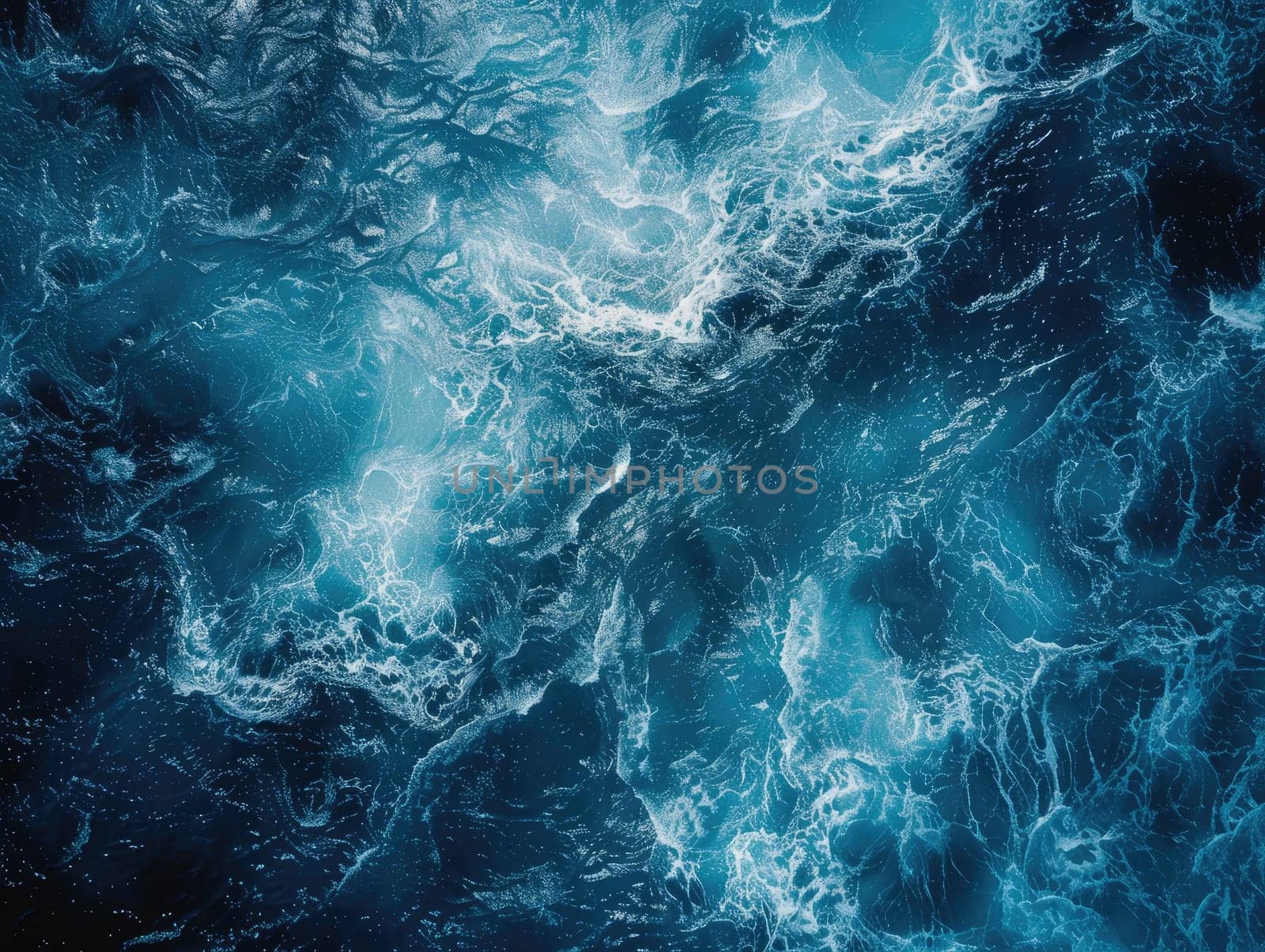 Aerial view of ocean waves texture. Abstract deep blue sea water surface, natural background. For design and print, marine pattern wallpaper, aquatic concept with copy space. Ai generation.