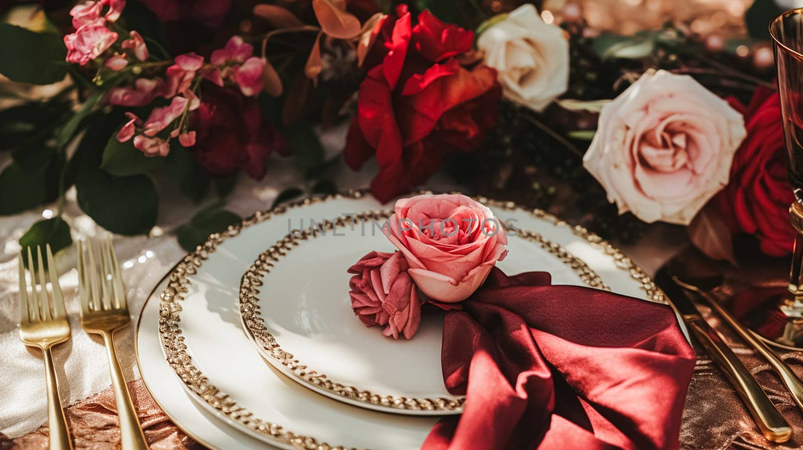 Wedding and event celebration tablescape with flowers, formal dinner table setting with roses and wine, elegant floral table decor for dinner party and holiday decoration, home styling idea