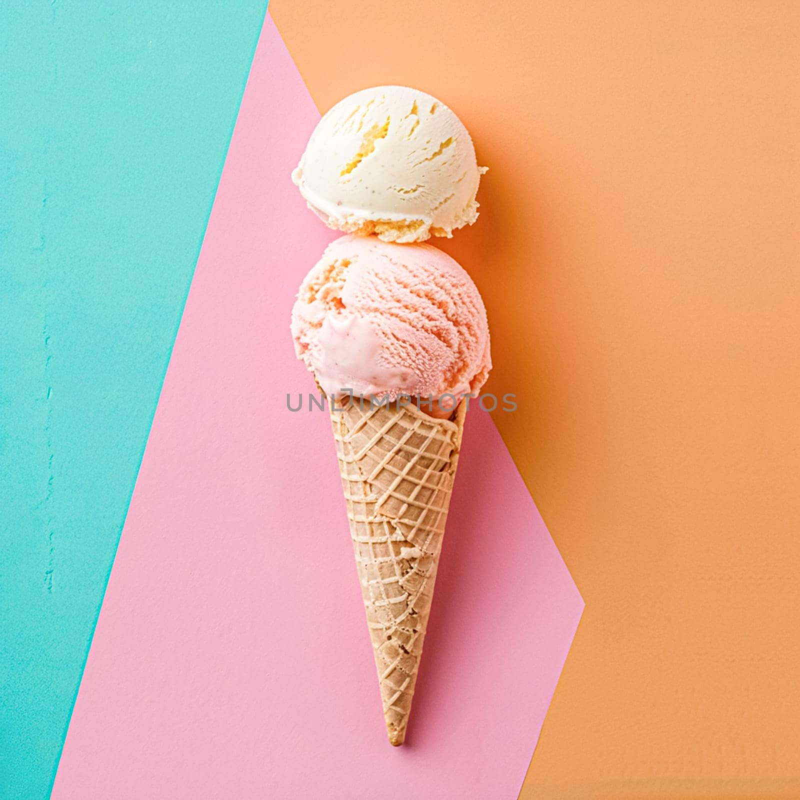 Scoops of ice cream in a waffle cone on a colorful background