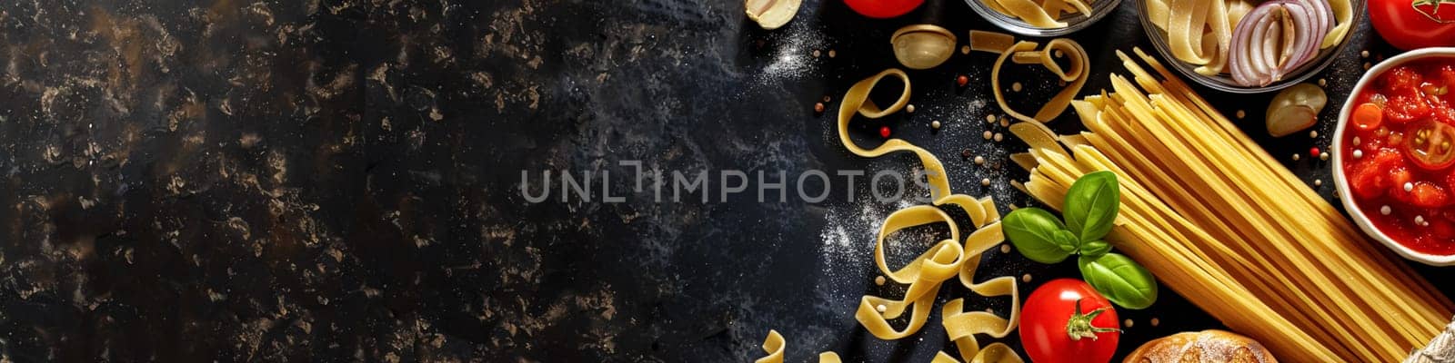 Pasta recipe preparation flatlay background with ingredients, spaghetti, olive oil, garlic, tomatoes and spices in the kitchen, homemade food recipe idea