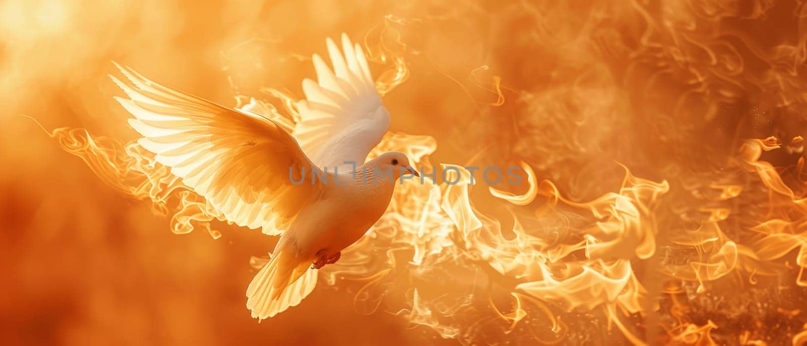 A bird is flying through a fire, surrounded by flames by AI generated image.