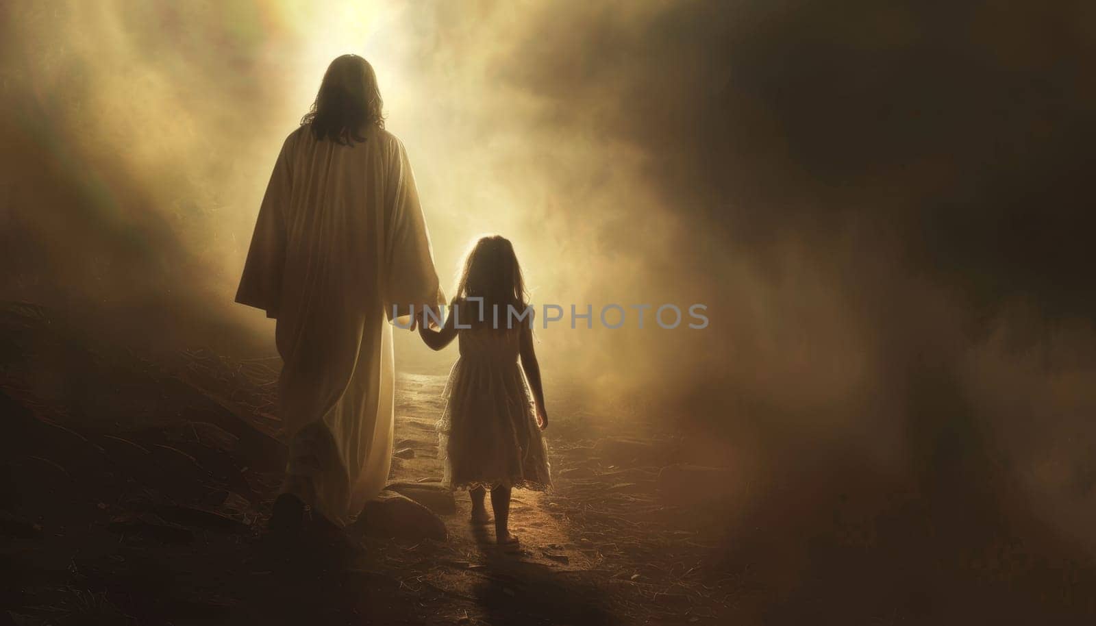A man and a little girl are walking together in the rain by AI generated image by wichayada