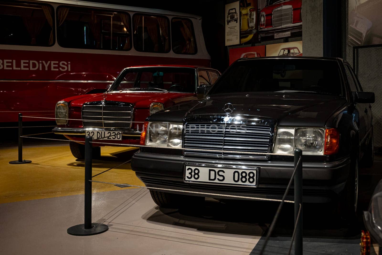 Antalya, Turkey - February 1, 2024: Black Mercedes Benz W124 on display in Antalya Car museum