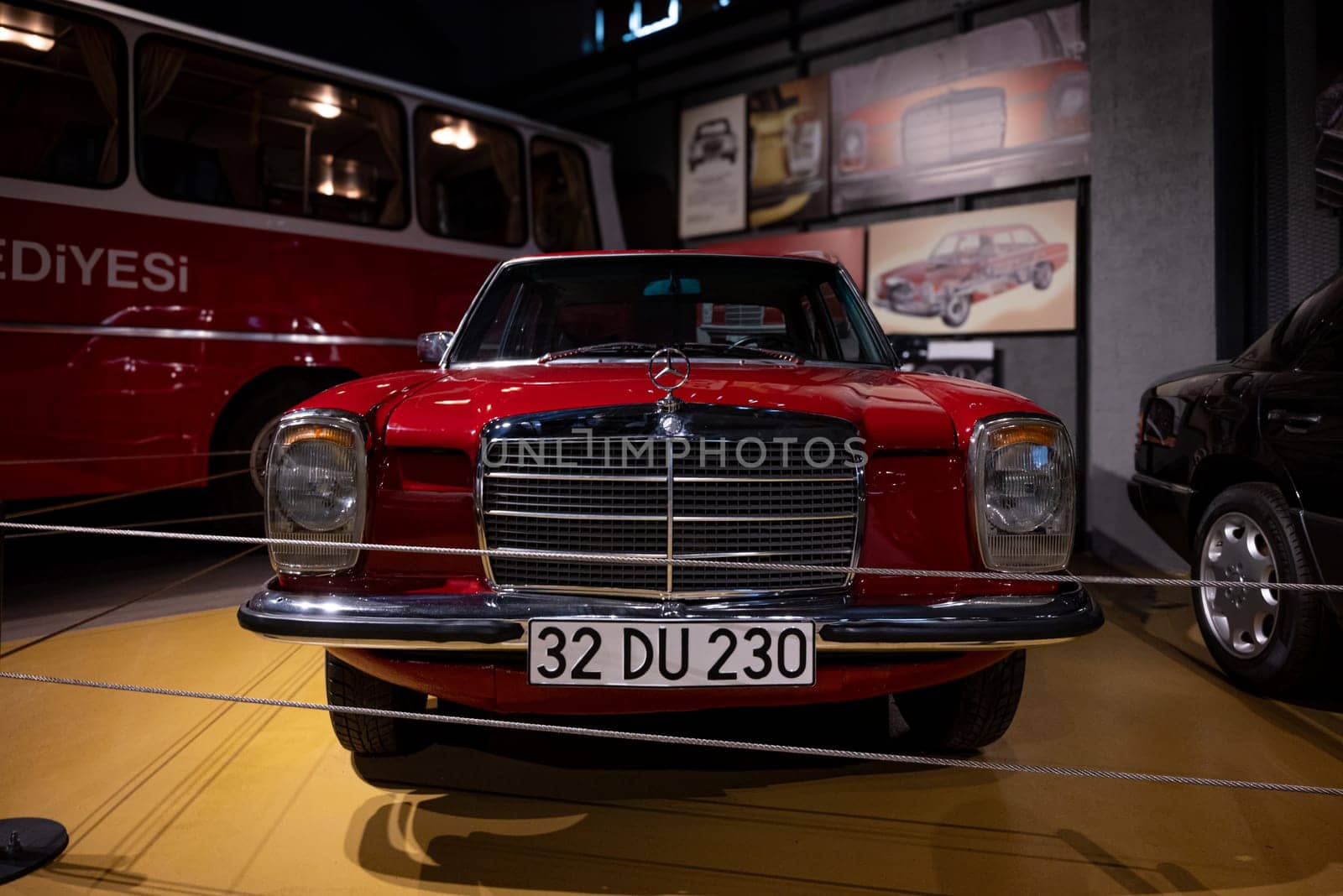 Antalya, Turkey - February 1, 2024: Red Mercedes Benz W115 on display in Antalya Car museum