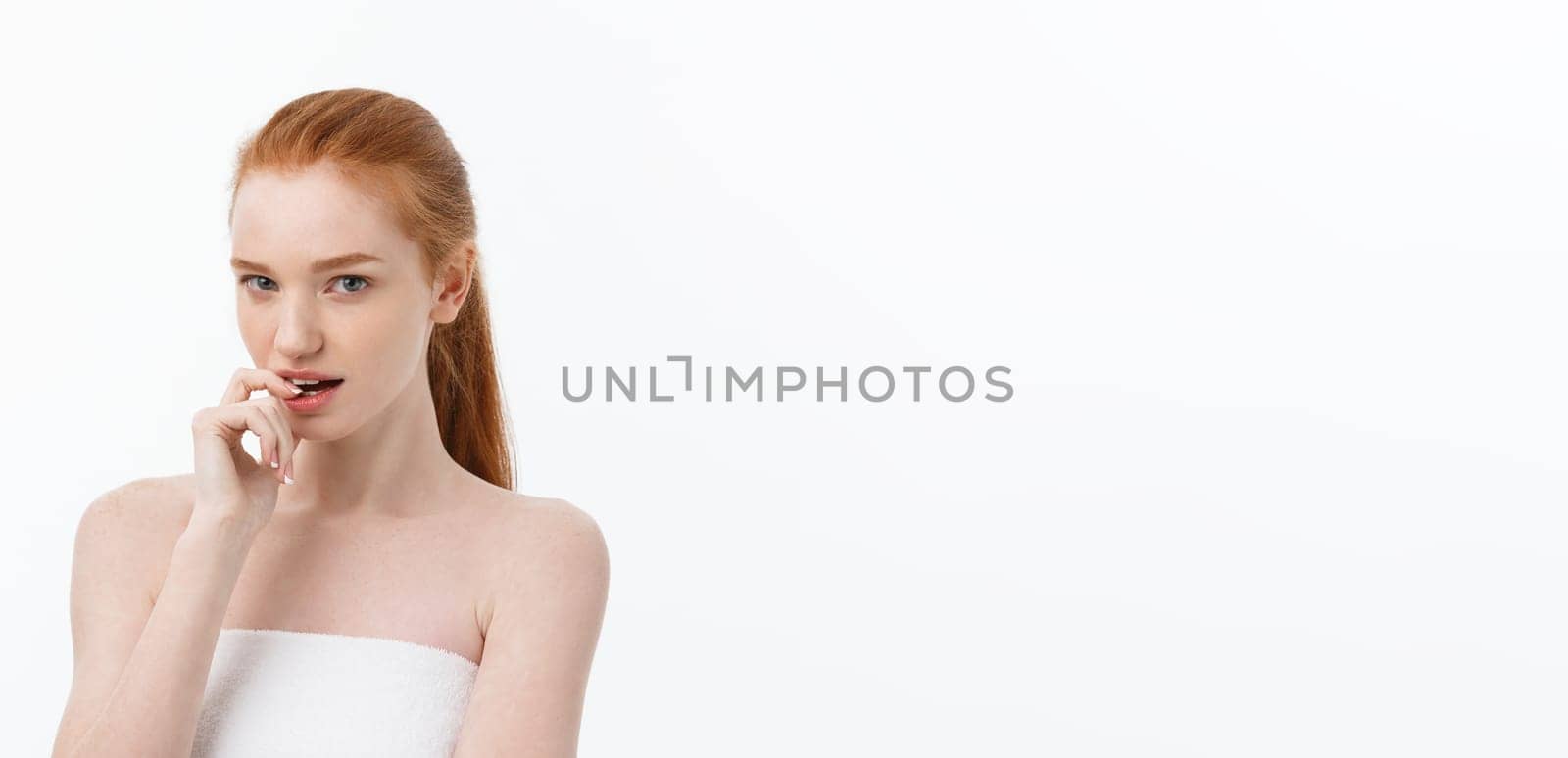 Close-up portrait of beautiful, fresh, healthy and sensual girl over white background by Benzoix