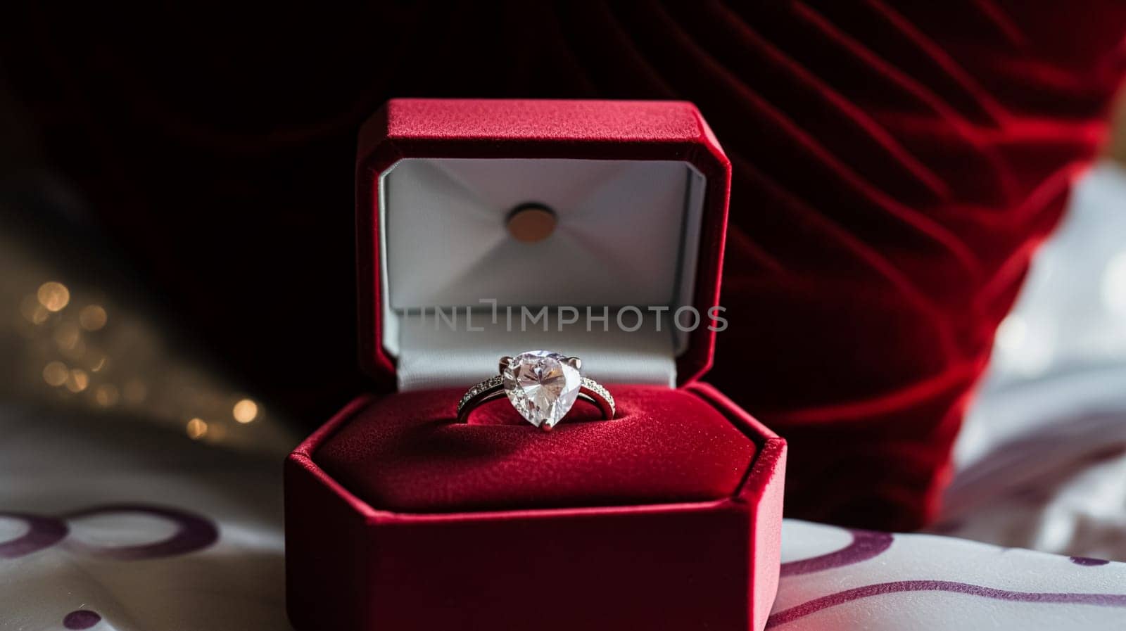 Jewellery, proposal and holiday gift, vintage diamond engagement ring in red velvet box, symbol of love, romance and commitment inspiration